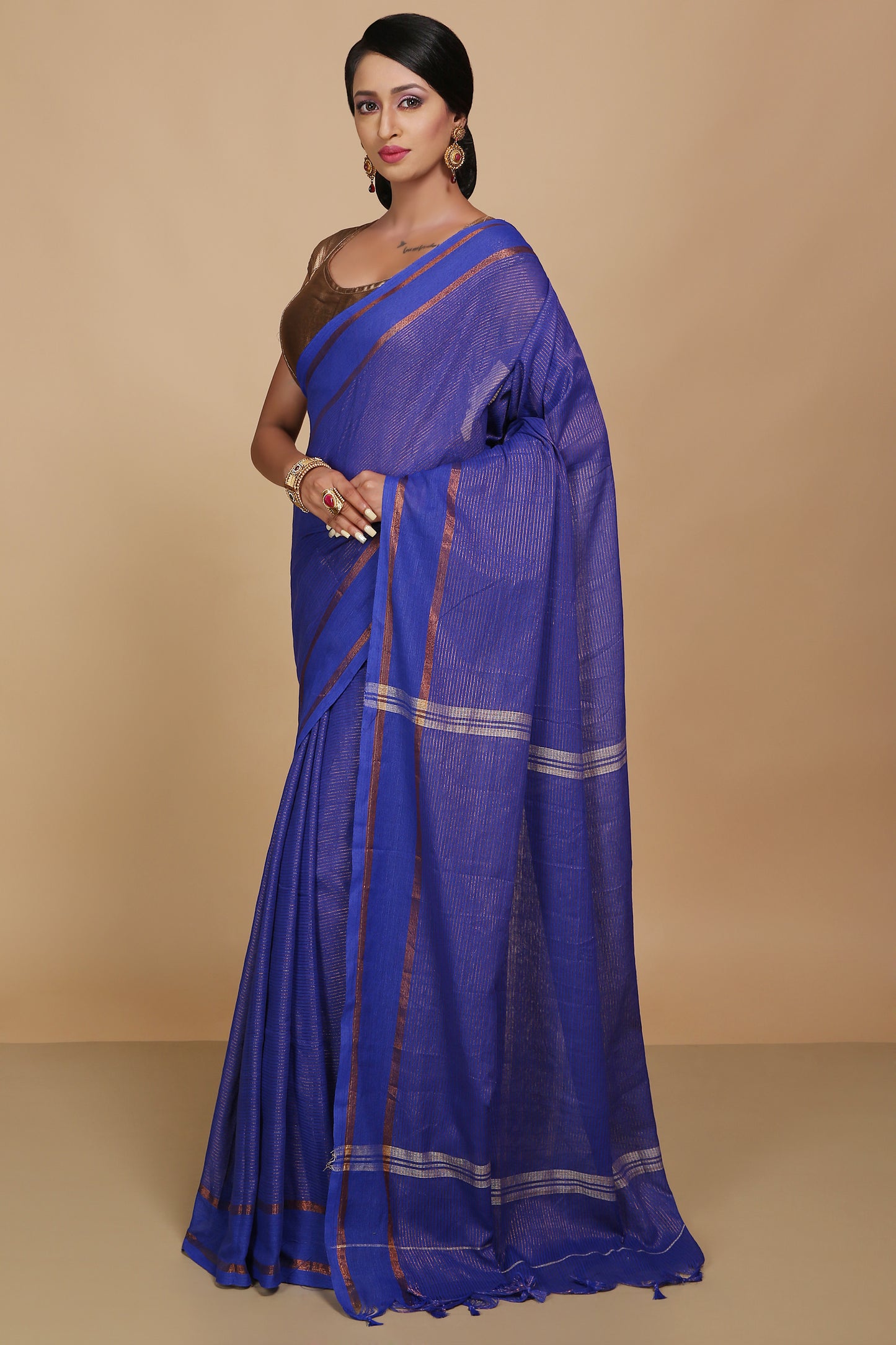 Cotton Jari Check Handloom Saree (Blue)