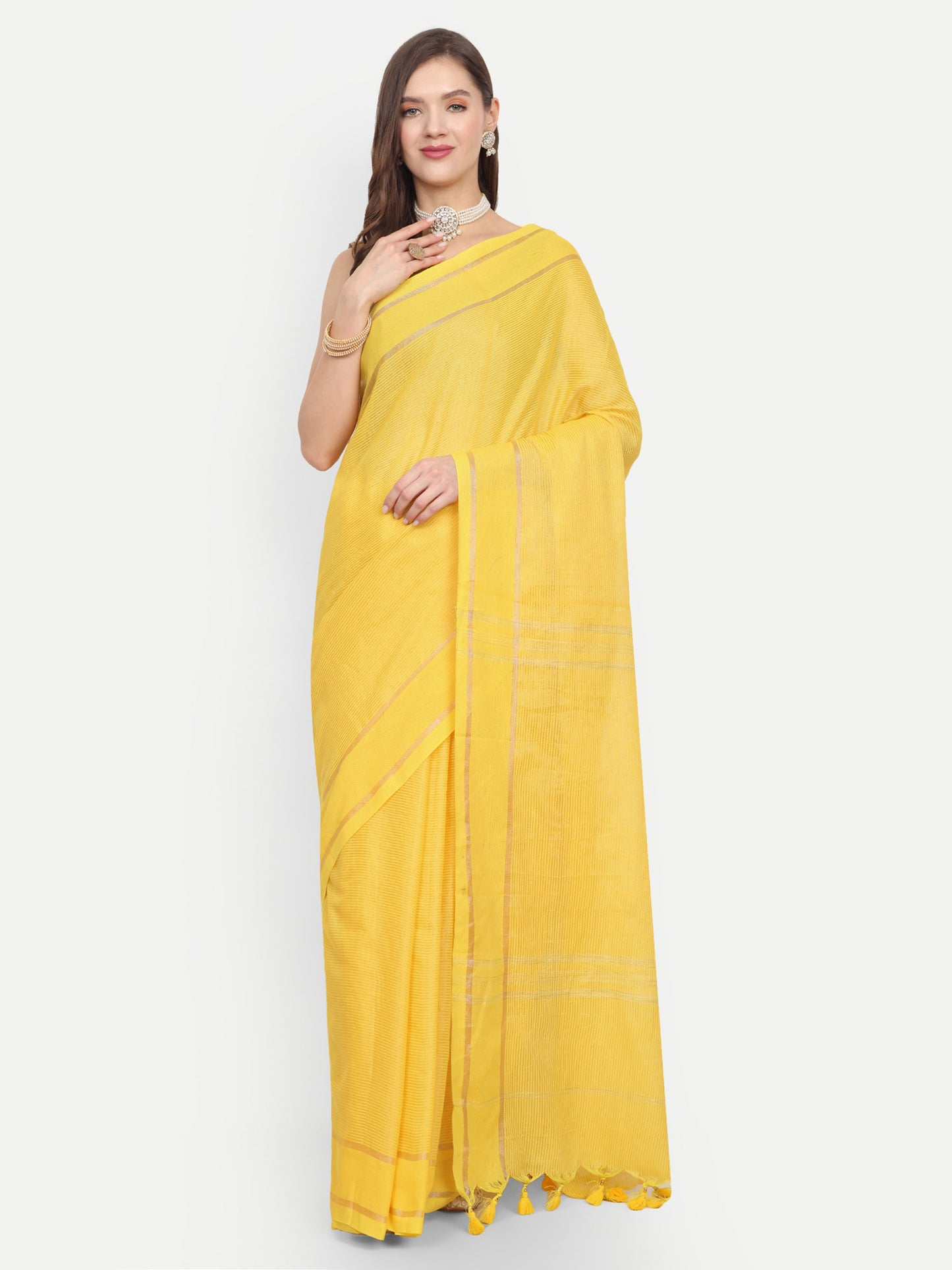 Cotton Jari Check Handloom Saree (Yellow)