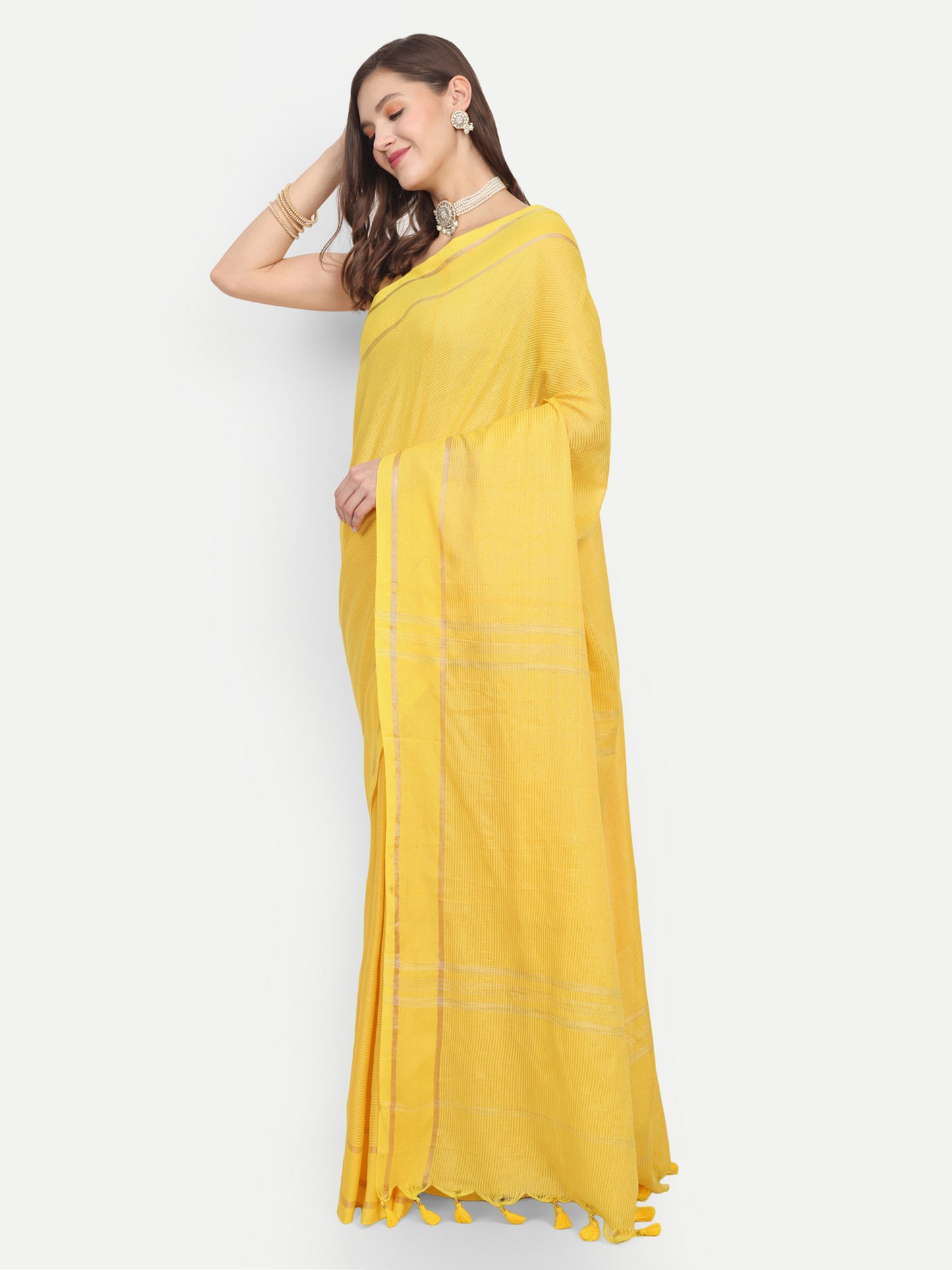 Cotton Jari Check Handloom Saree (Yellow)