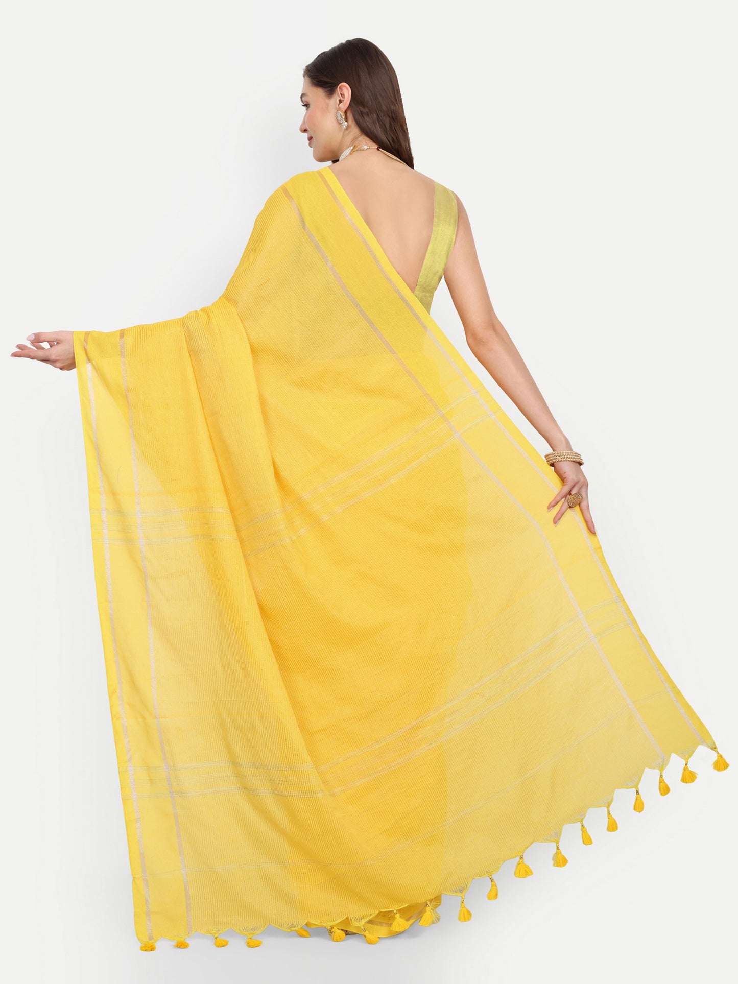 Cotton Jari Check Handloom Saree (Yellow)