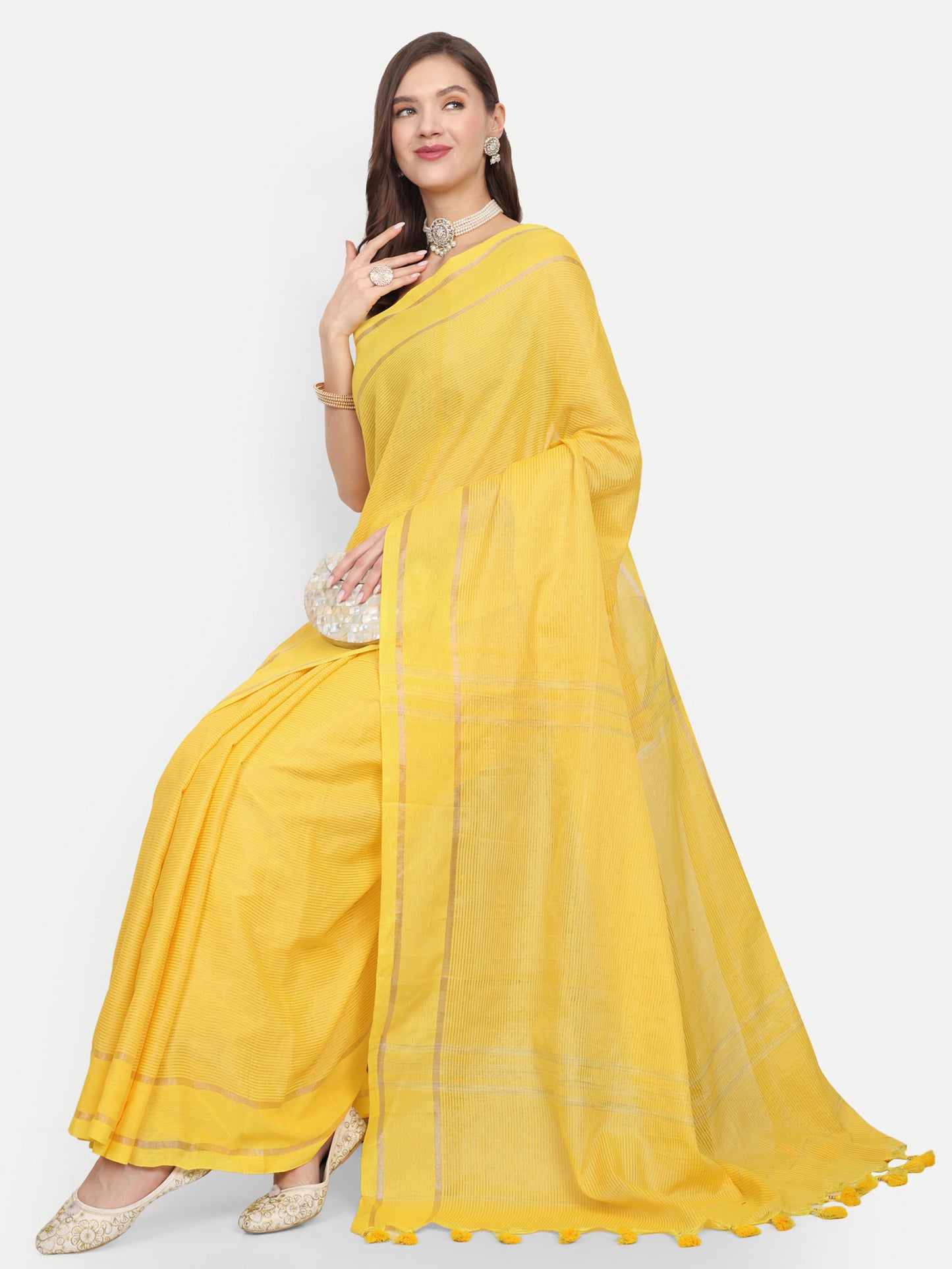 Cotton Jari Check Handloom Saree (Yellow)