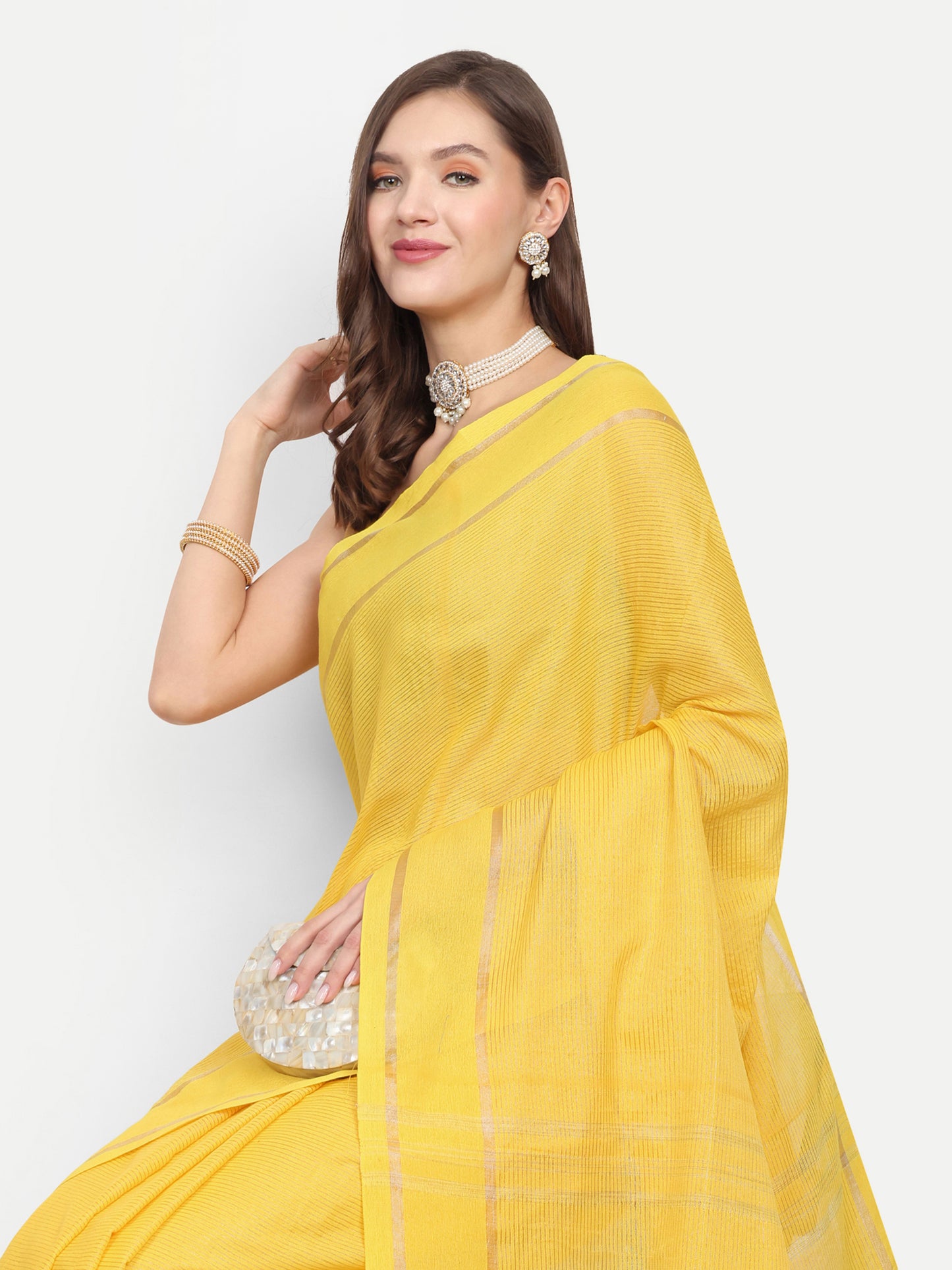 Cotton Jari Check Handloom Saree (Yellow)