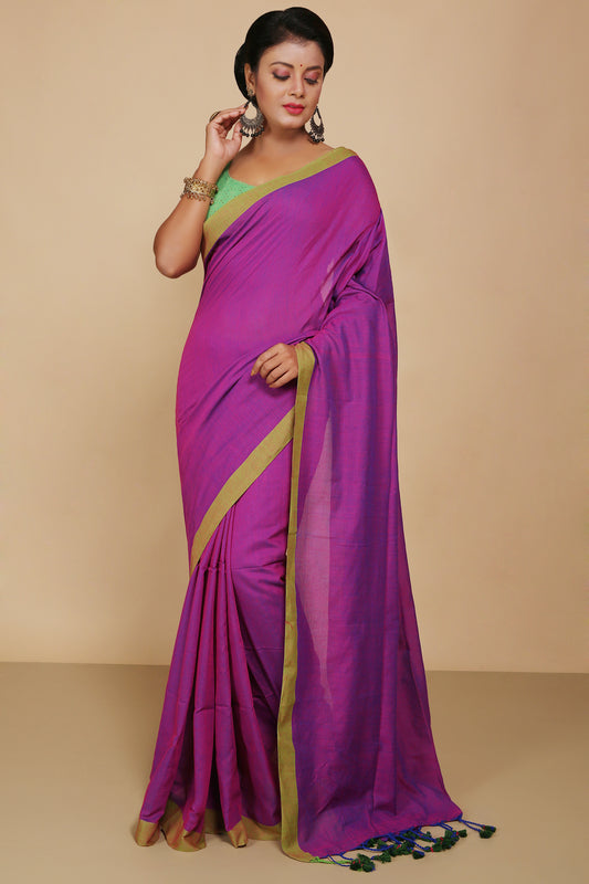 Handloom Cotton Border molmol Saree With Blouse Piece (Magenda)