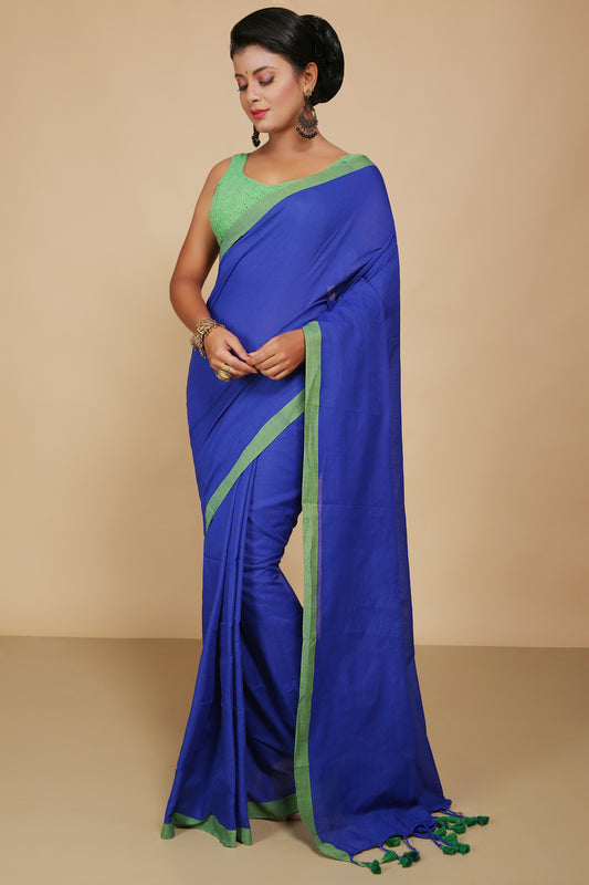 Handloom Cotton Border molmol Saree With Blouse Piece (Blue)