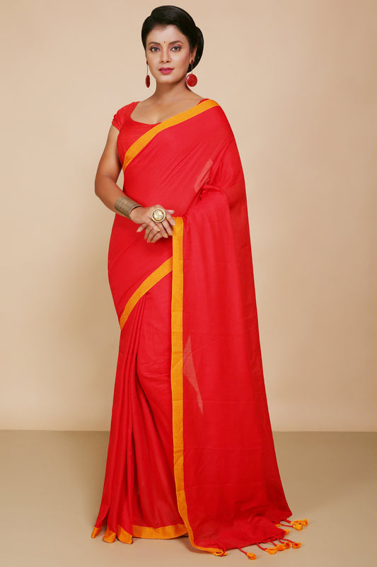 Handloom Cotton Border molmol Saree With Blouse Piece (Red)