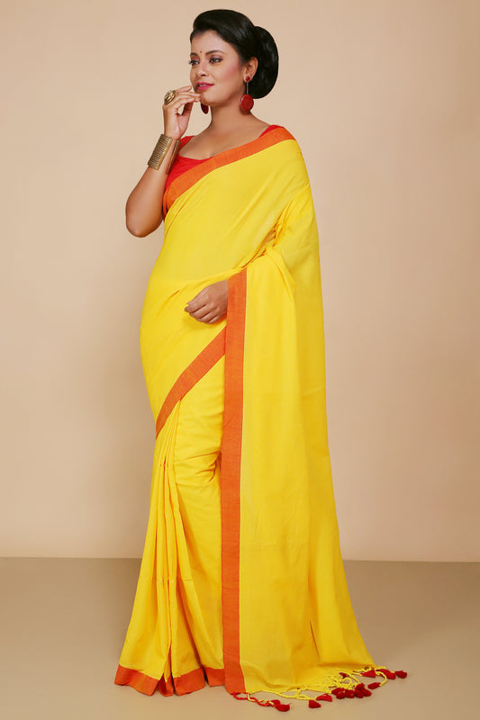 Handloom Cotton Border molmol Saree With Blouse Piece (Yellow)