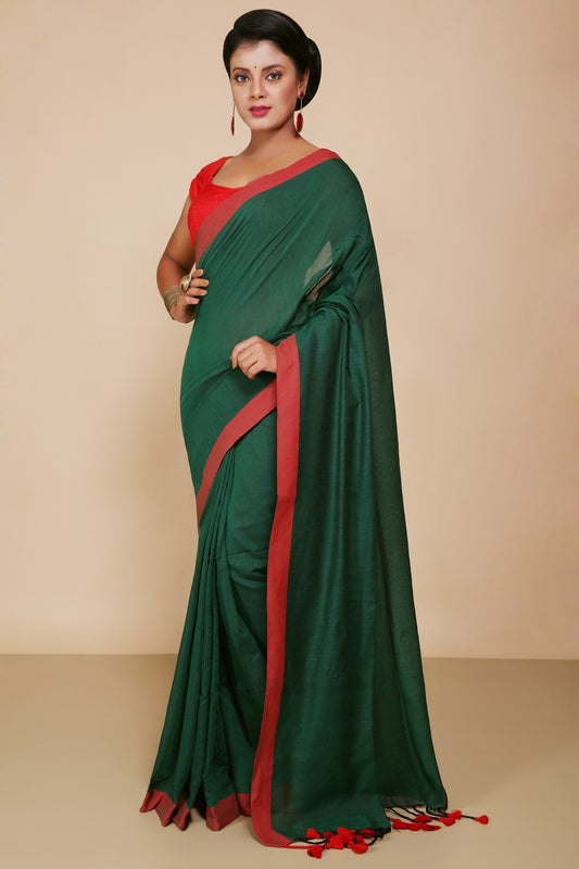 Handloom Cotton Border molmol Saree With Blouse Piece (Green)