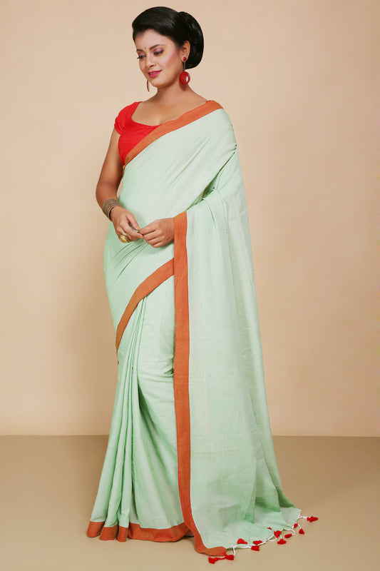 Handloom Cotton Border molmol Saree With Blouse Piece (Light Sky)