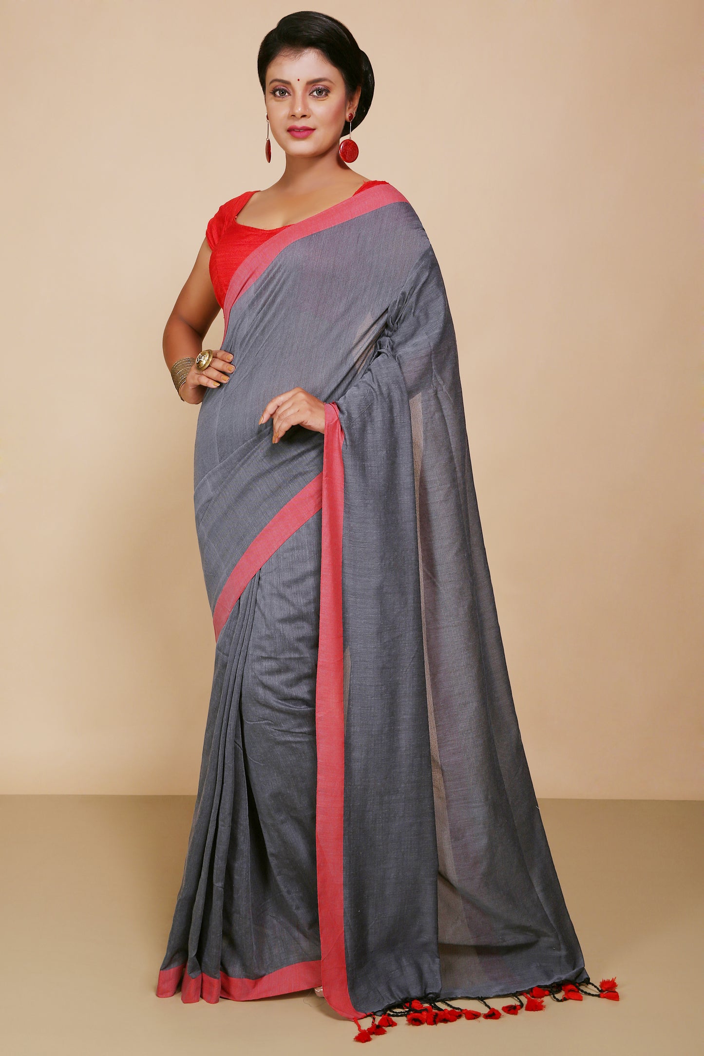 Handloom Cotton Border molmol Saree With Blouse Piece (Black)