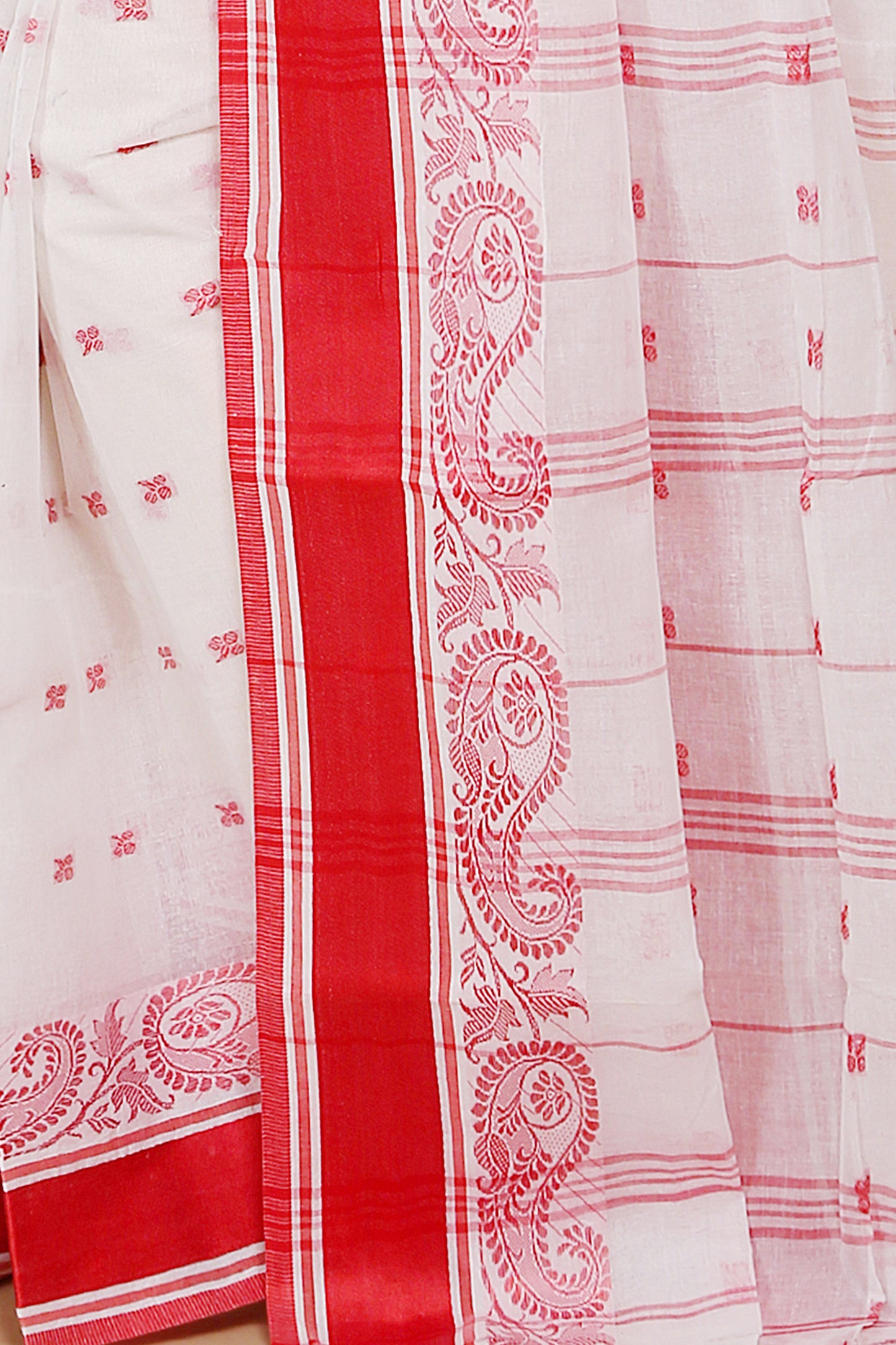 Traditional Tangail Cotton Saree Without Blouse Piece (White Red)