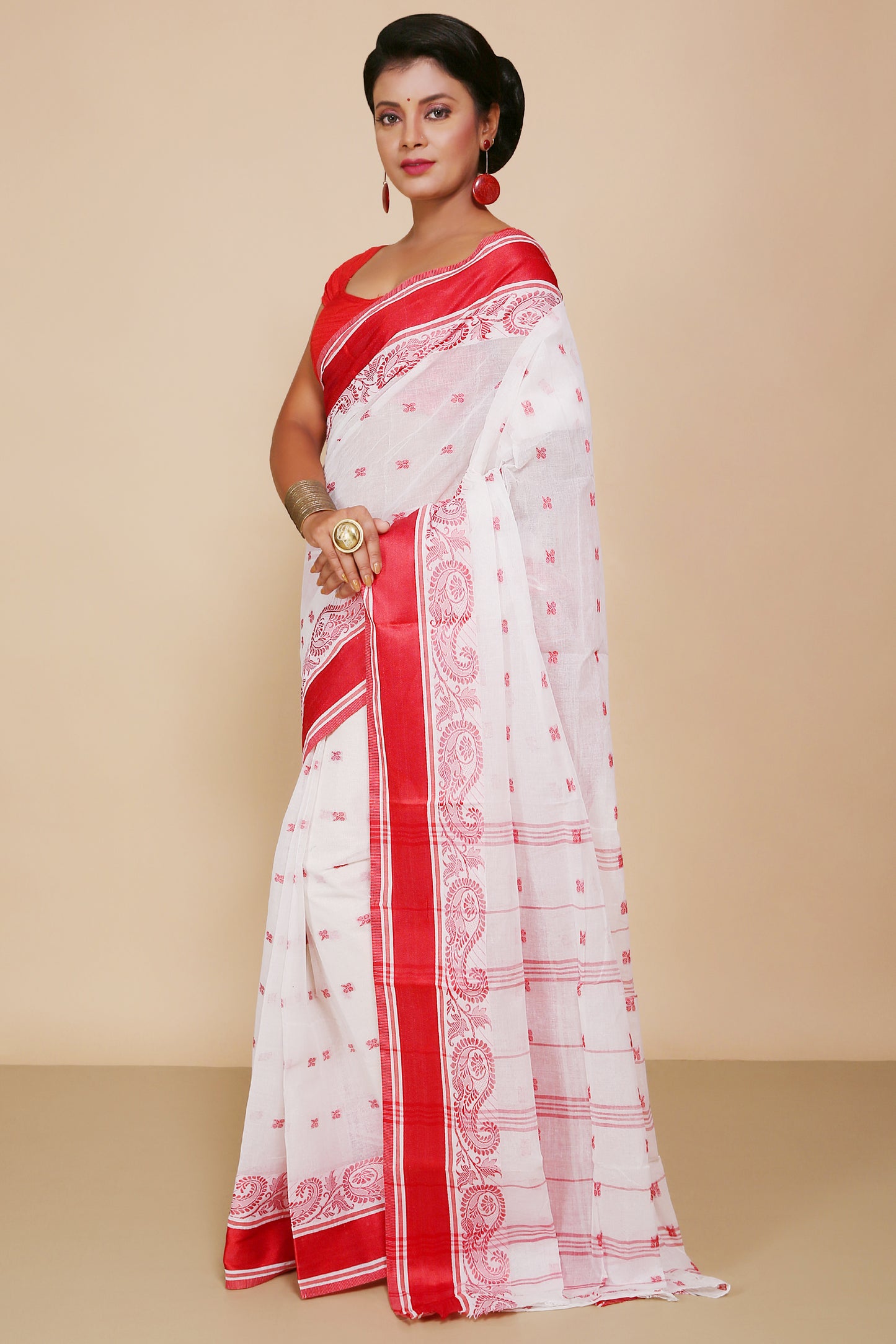 Traditional Tangail Cotton Saree Without Blouse Piece (White Red)