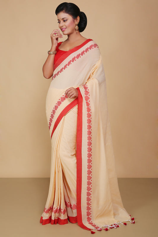 Betel Leaf Boarder Pure Cotton Sarees (Cream)