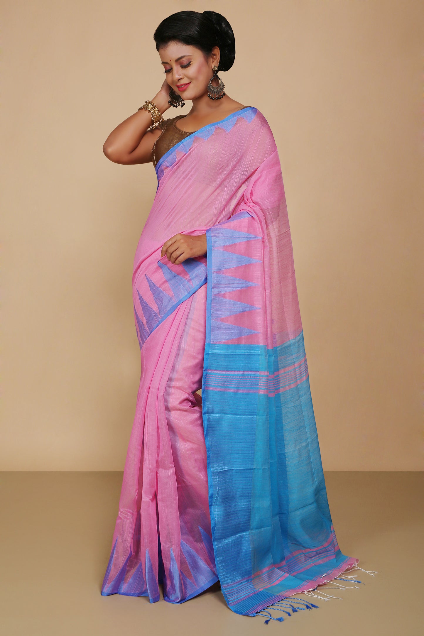 Traditional Indian Temple Border Silk Cotton Saree With Blouse Piece (Pink)