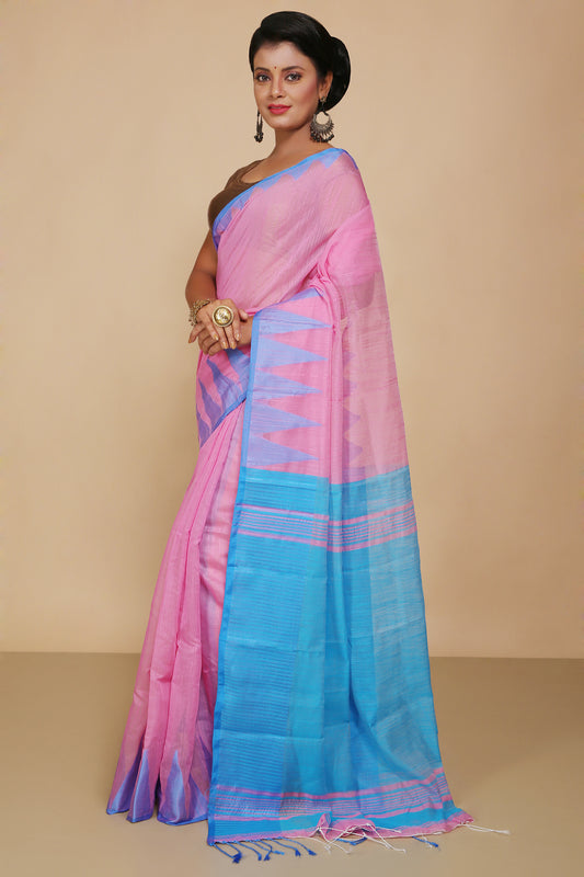 Traditional Indian Temple Border Silk Cotton Saree With Blouse Piece (Pink)