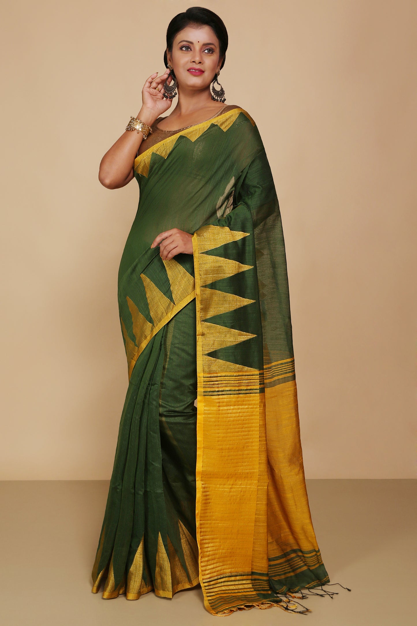 Traditional Indian Temple Border Silk Cotton Saree With Blouse Piece (Pesta)