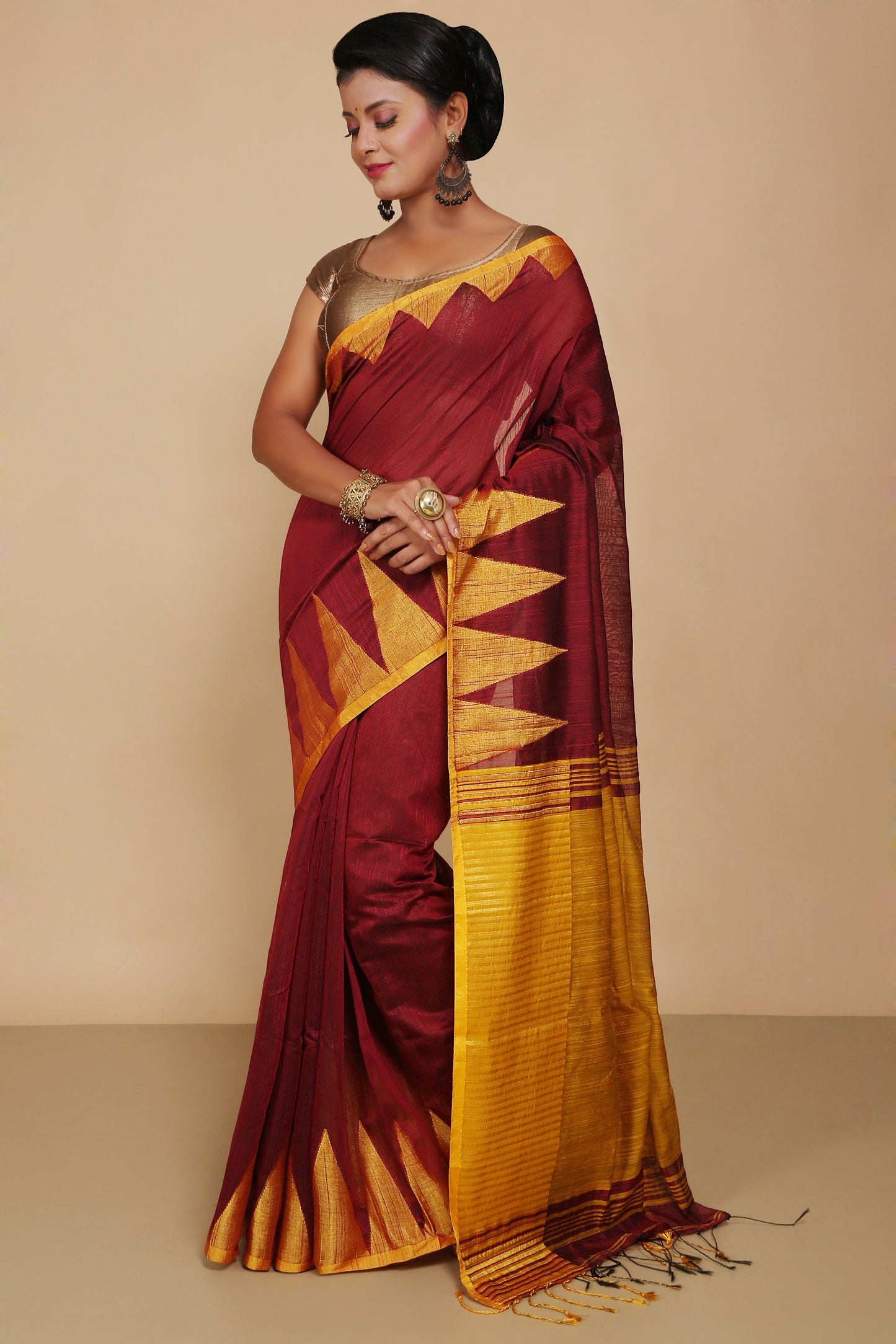 Traditional Indian Temple Border Silk Cotton Saree With Blouse Piece (Maroon)