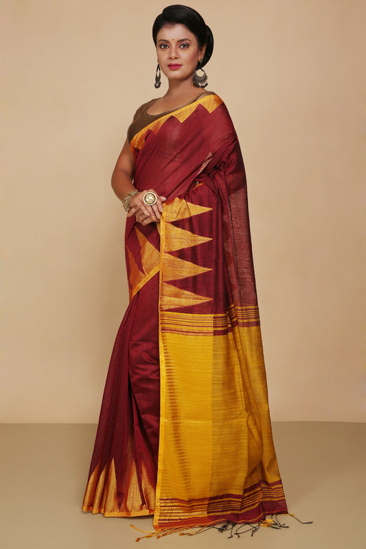 Traditional Indian Temple Border Silk Cotton Saree With Blouse Piece (Maroon)