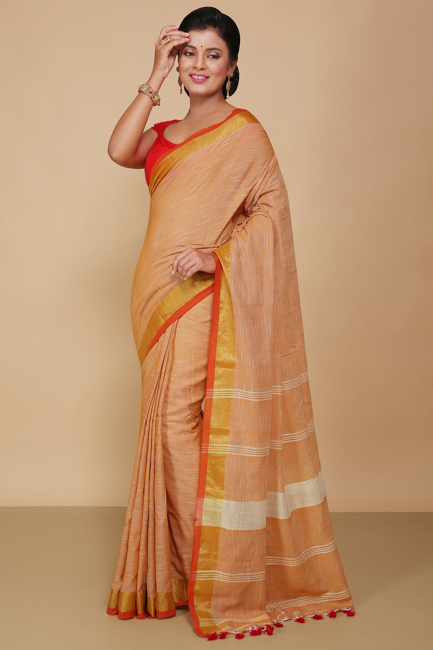 Lilen handloom jari check pallu saree (Beige)