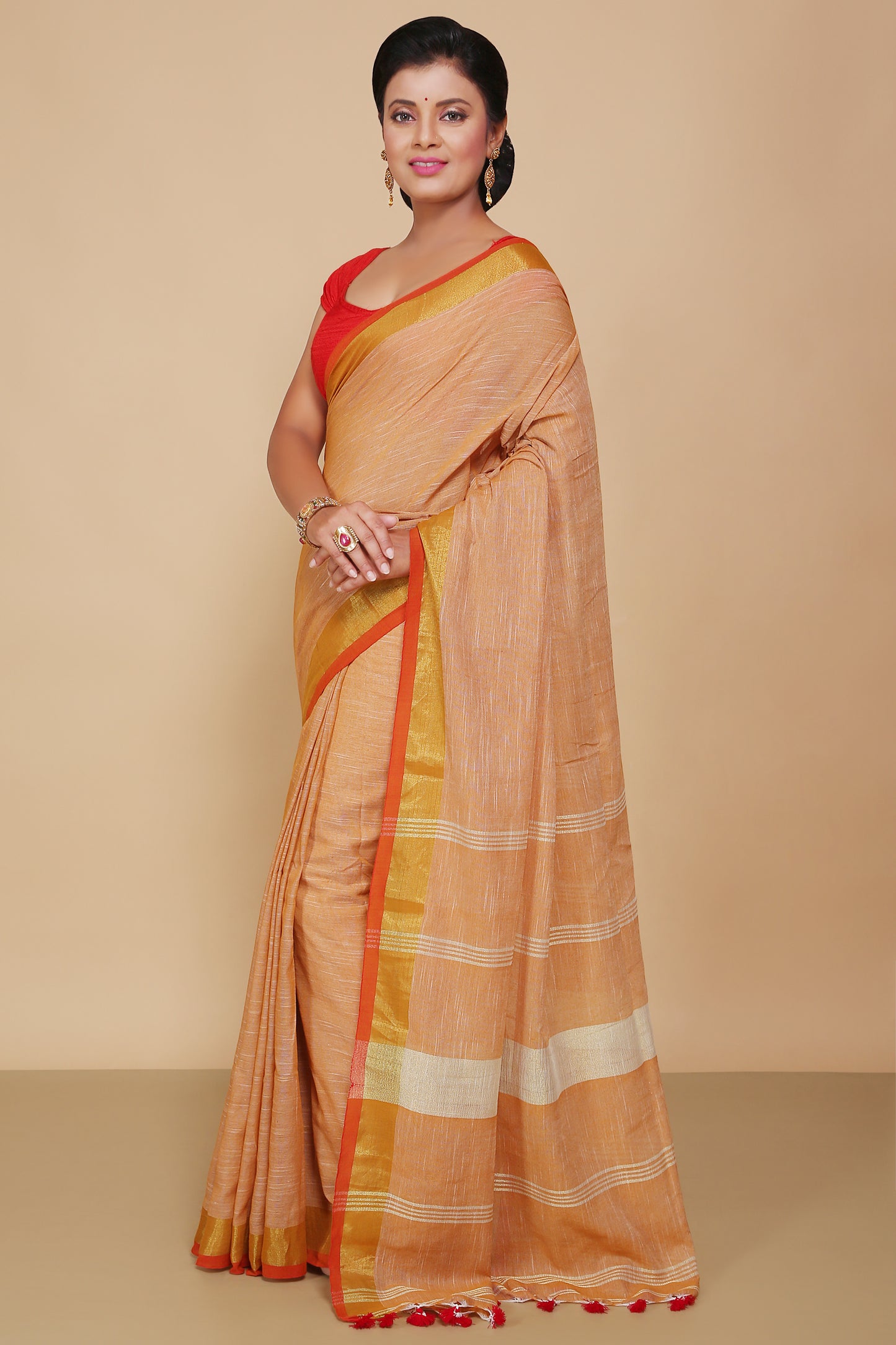 Lilen handloom jari check pallu saree (Beige)