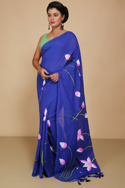 Cotton Lotus Flower Print Saree With Blouse Piece (Blue)