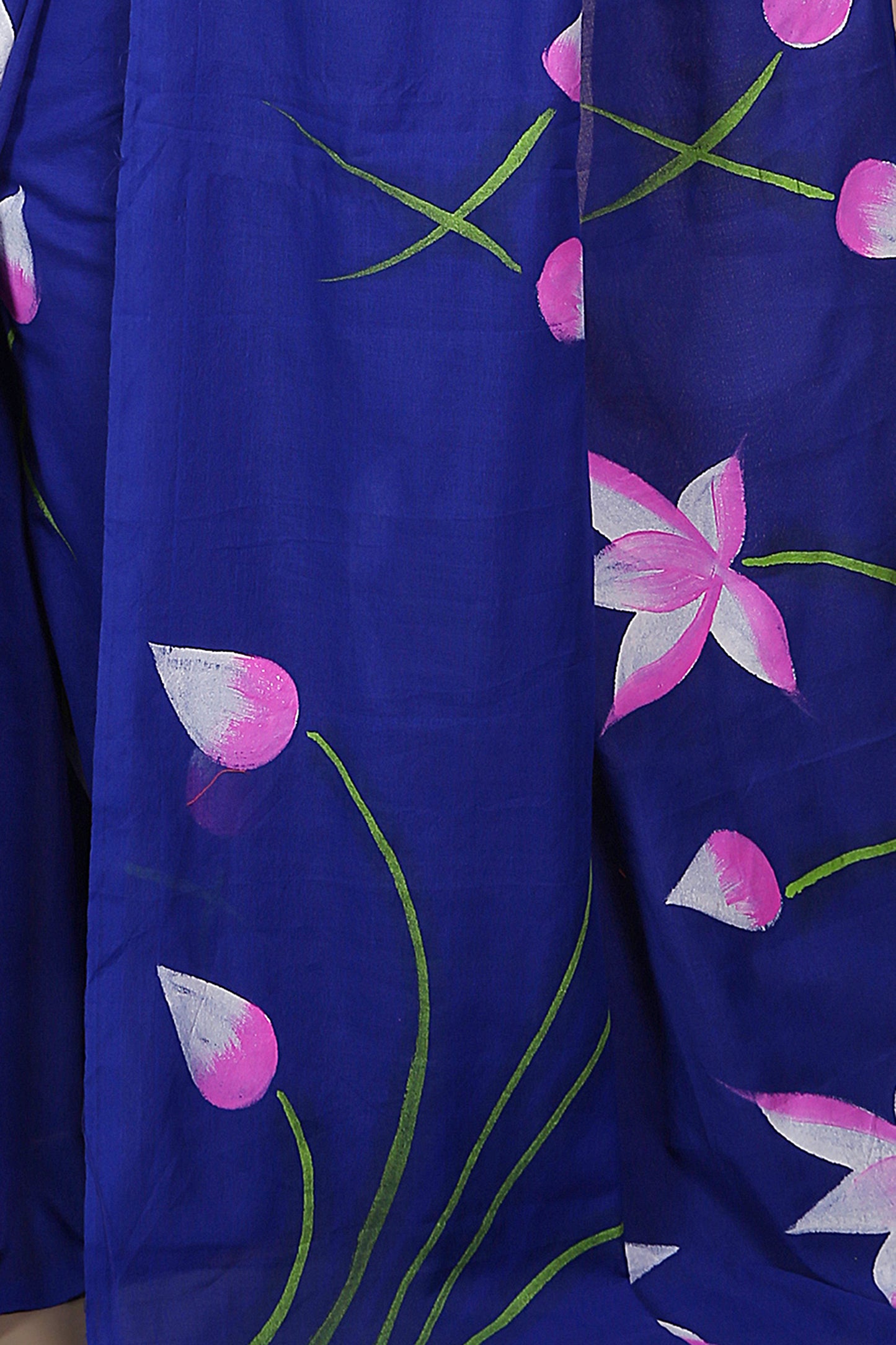 Cotton Lotus Flower Print Saree With Blouse Piece (Blue)