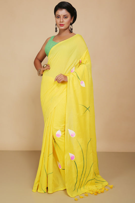 Cotton Lotus Flower Print Saree With Blouse Piece (Yellow)