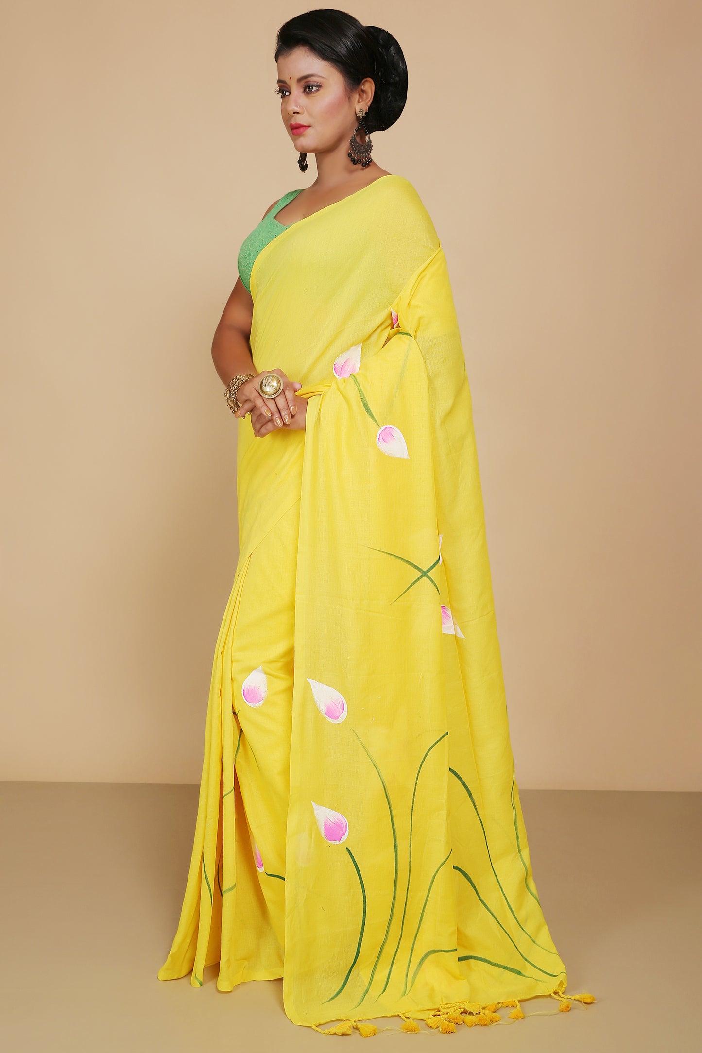 Cotton Lotus Flower Print Saree With Blouse Piece (Yellow)