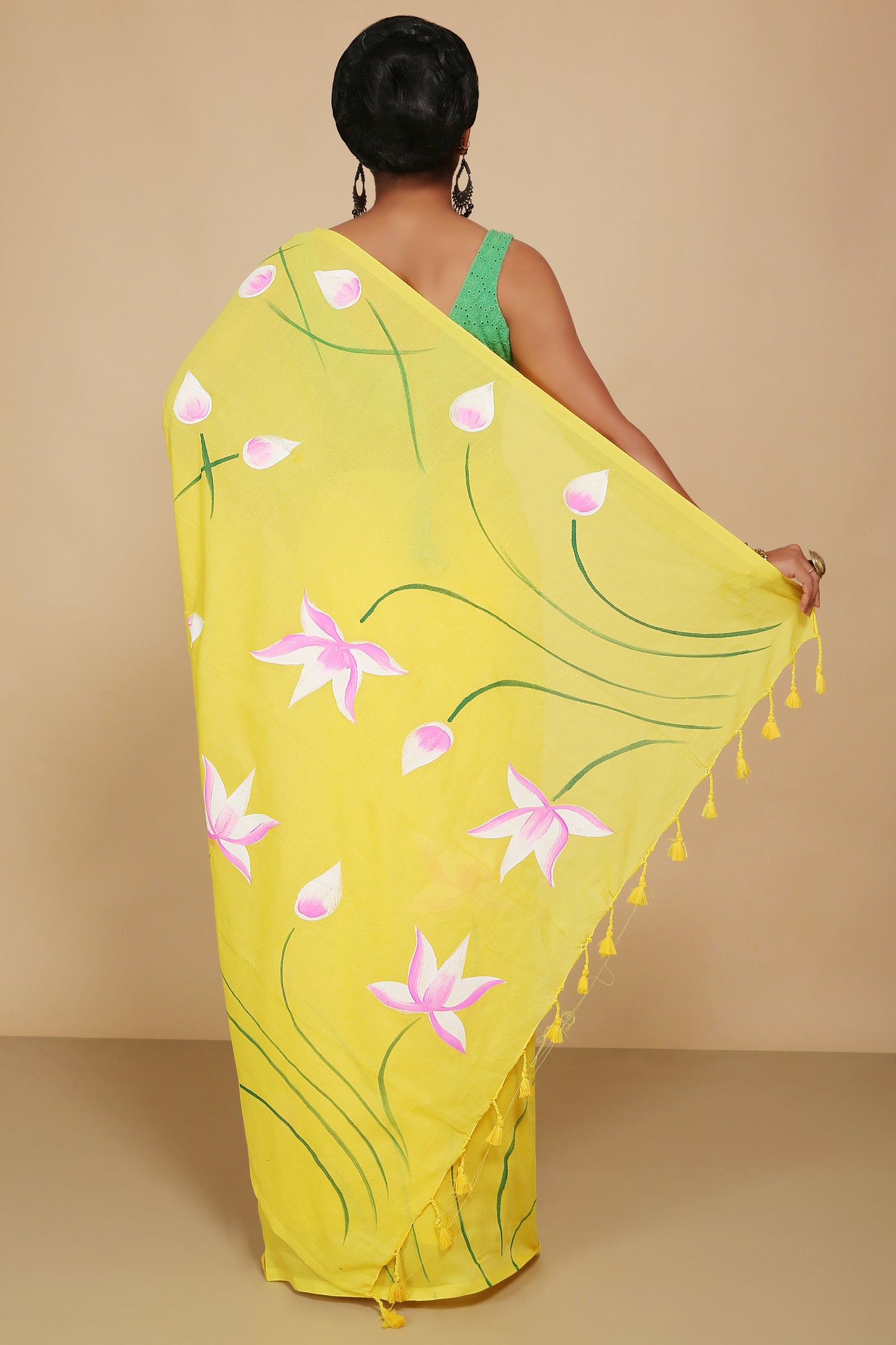 Cotton Lotus Flower Print Saree With Blouse Piece (Yellow)