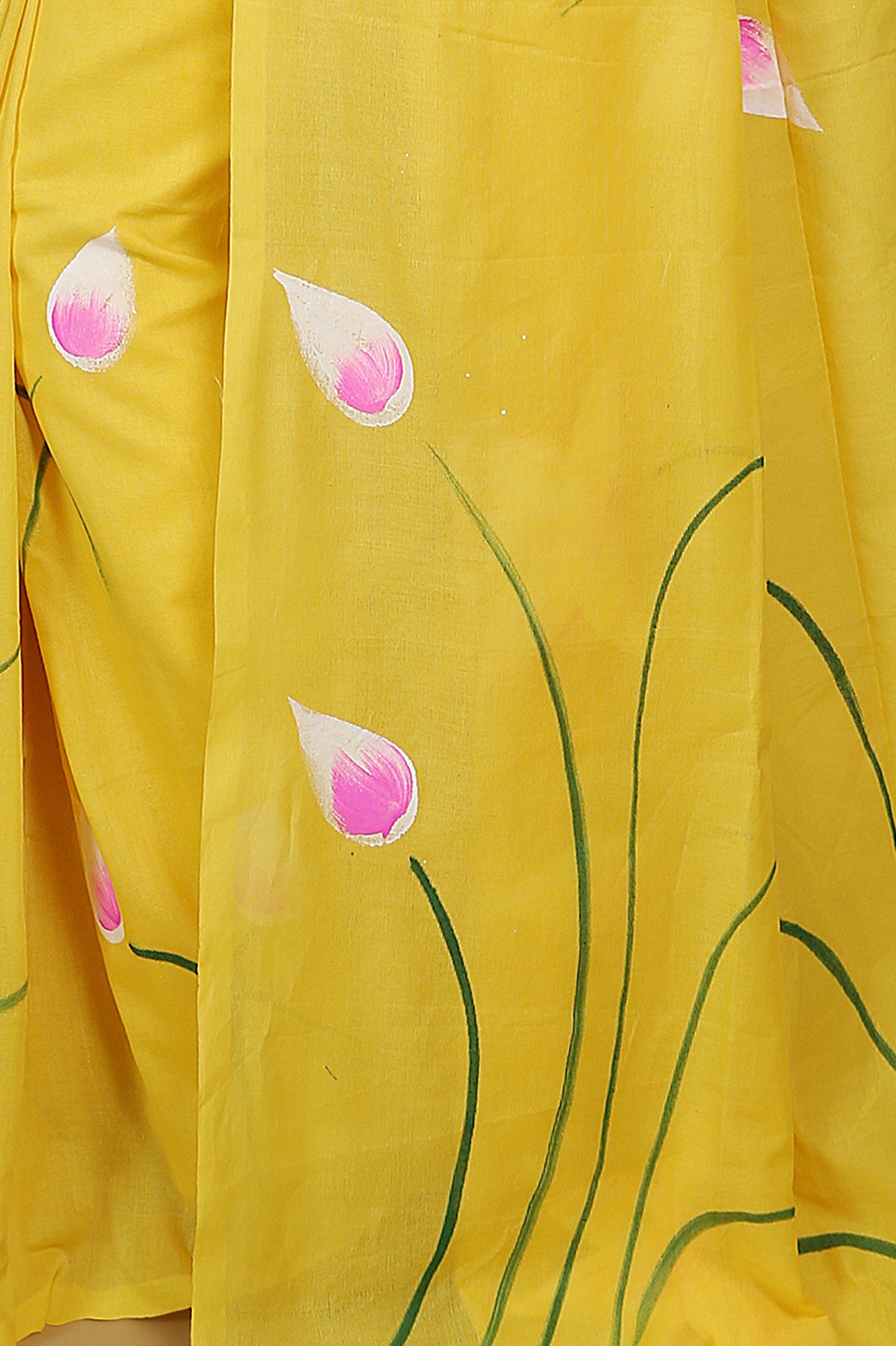 Cotton Lotus Flower Print Saree With Blouse Piece (Yellow)