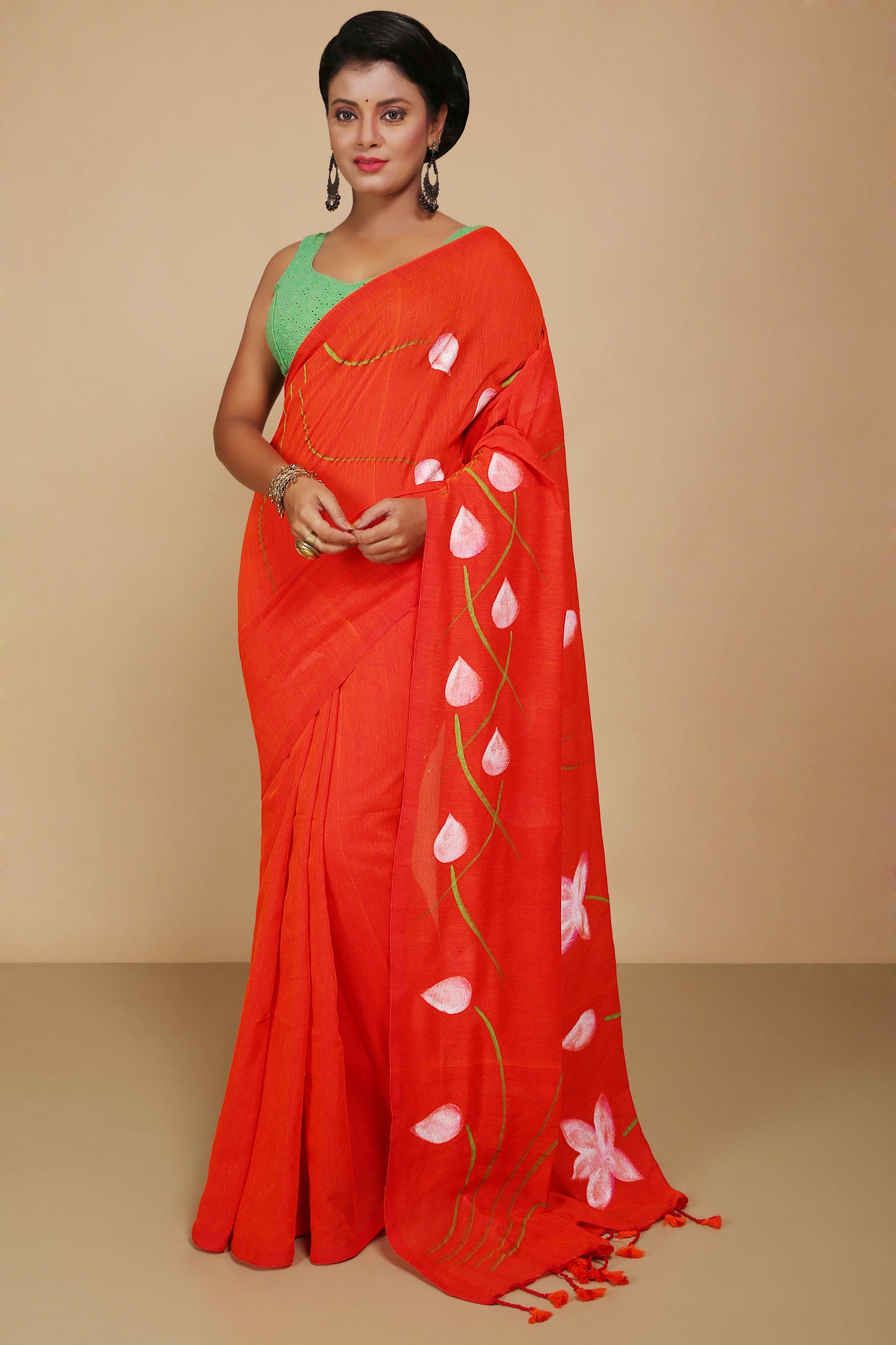 Cotton Lotus Flower Print Saree With Blouse Piece (Orange)