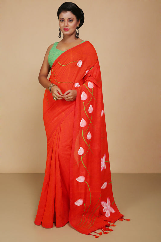 Cotton Lotus Flower Print Saree With Blouse Piece (Orange)