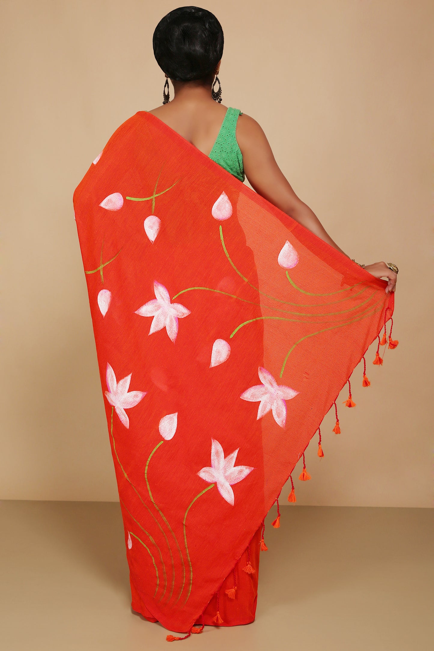 Cotton Lotus Flower Print Saree With Blouse Piece (Orange)