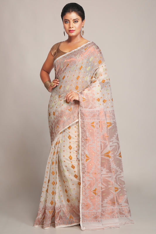 Cotton Silk Softs Dhakai Jamdani Sarees. (White & Copper)