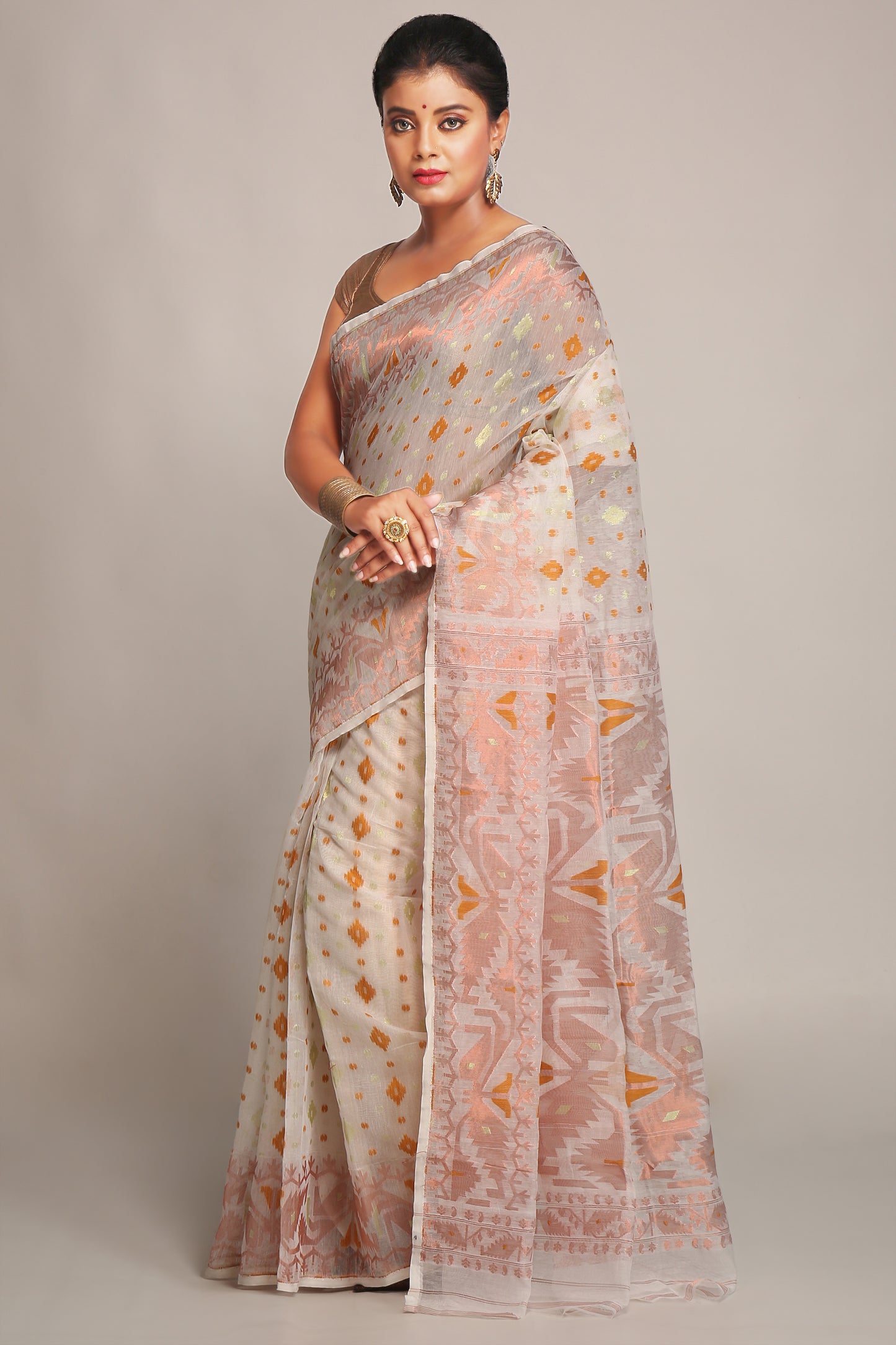 Cotton Silk Softs Dhakai Jamdani Sarees. (White & Copper)