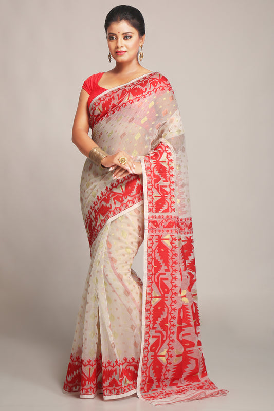 Cotton Silk Softs Dhakai Jamdani Sarees. (White & Red)