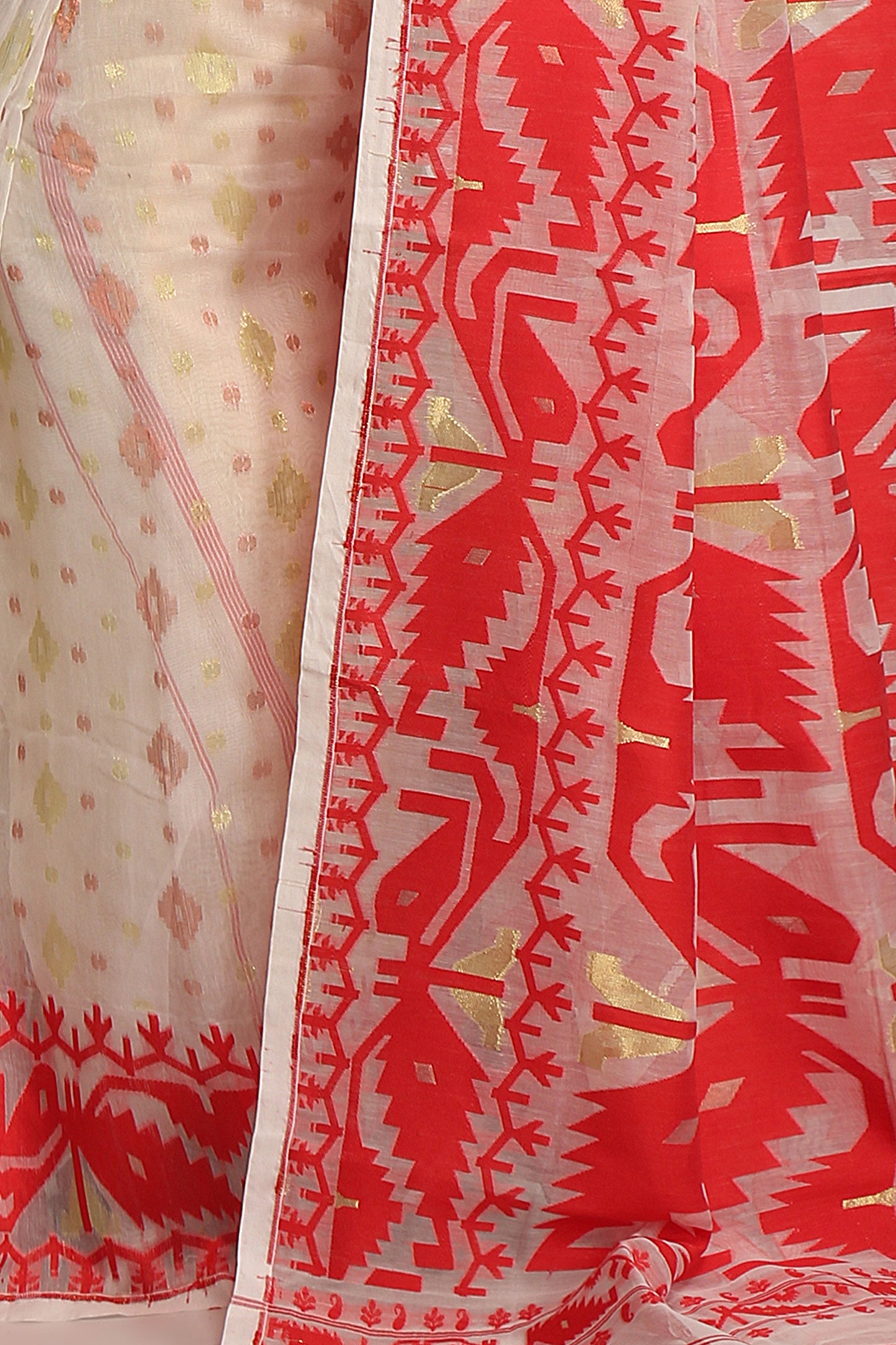 Cotton Silk Softs Dhakai Jamdani Sarees. (White & Red)