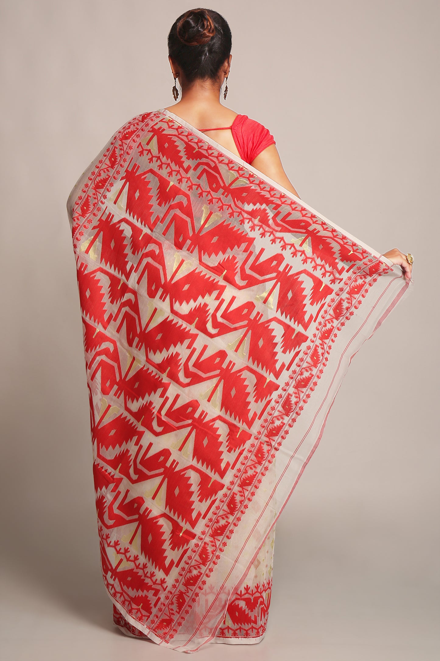 Cotton Silk Softs Dhakai Jamdani Sarees. (White & Red)