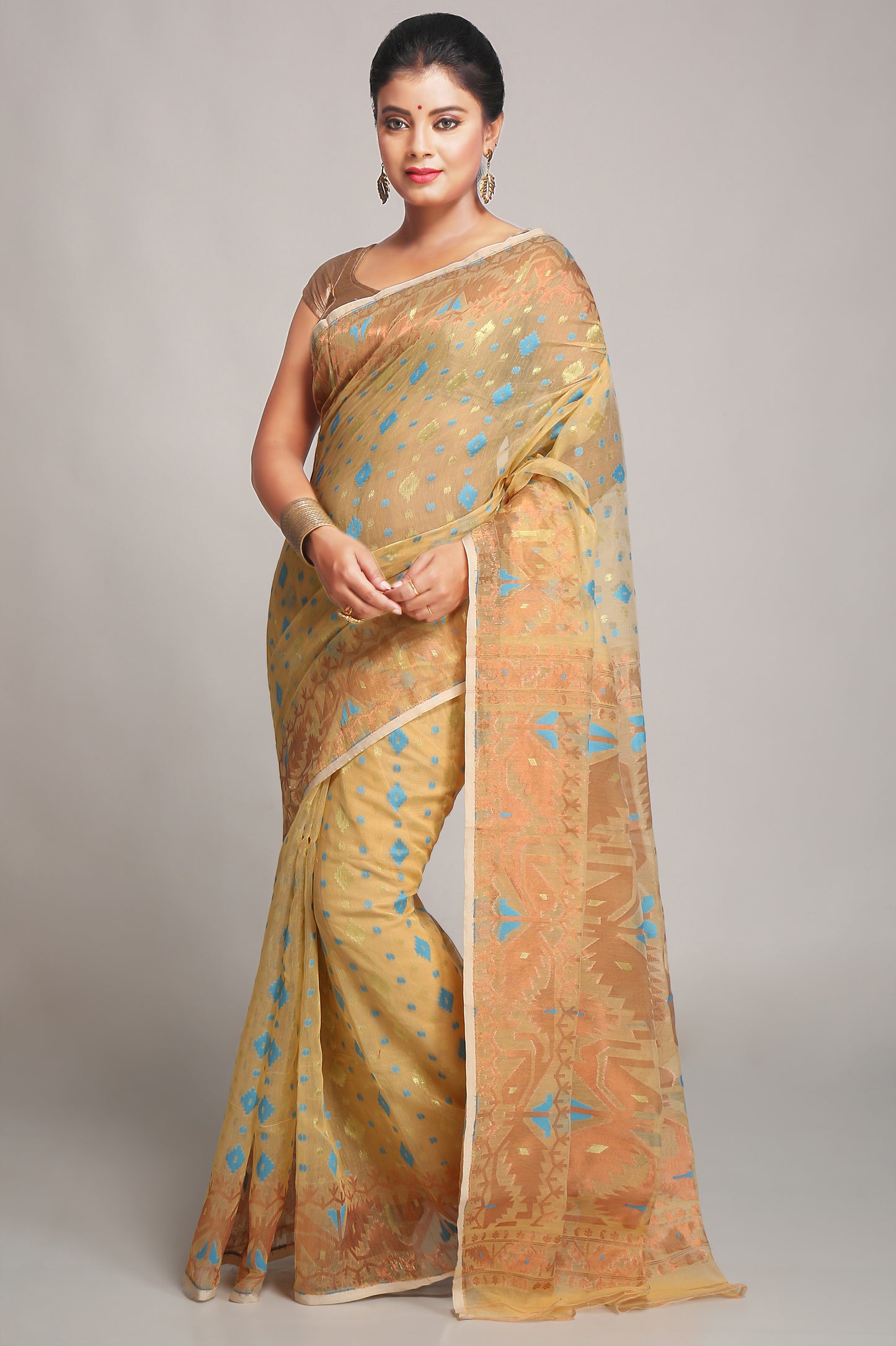 Cotton Silk Softs Dhakai Jamdani Sarees. (Desert & Copper Sky)