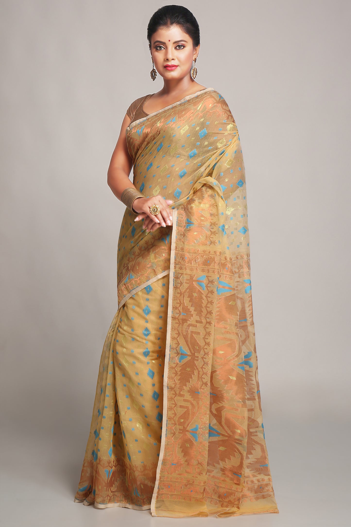 Cotton Silk Softs Dhakai Jamdani Sarees. (Desert & Copper Sky)