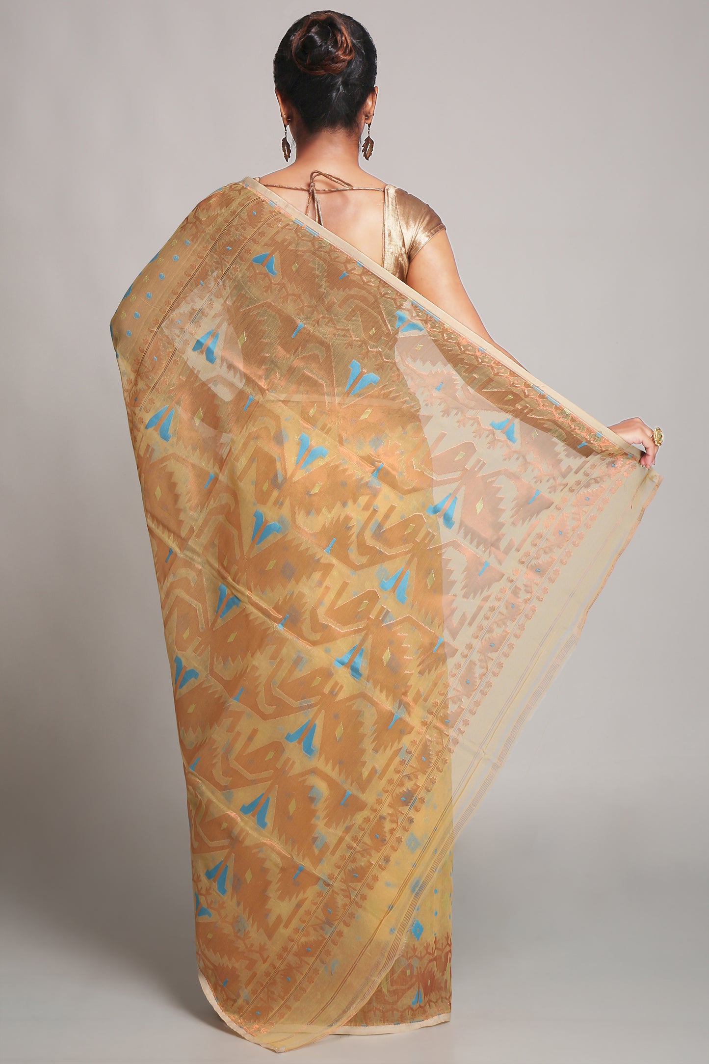 Cotton Silk Softs Dhakai Jamdani Sarees. (Desert & Copper Sky)