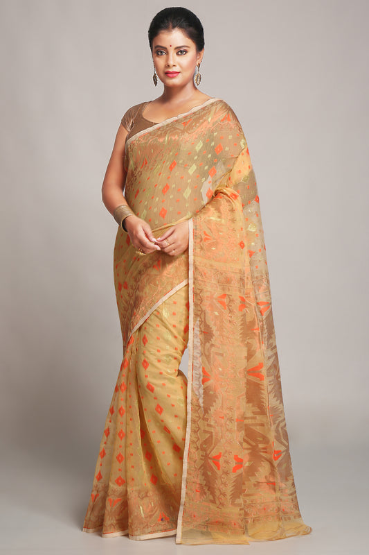 Cotton Silk Softs Dhakai Jamdani Sarees. (Desert & Copper & Orange)