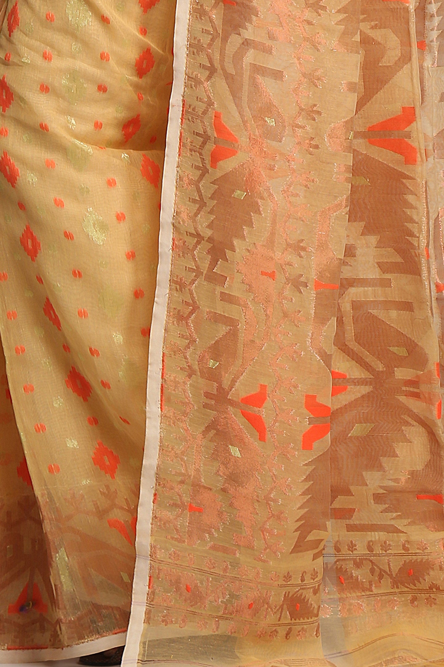 Cotton Silk Softs Dhakai Jamdani Sarees. (Desert & Copper & Orange)