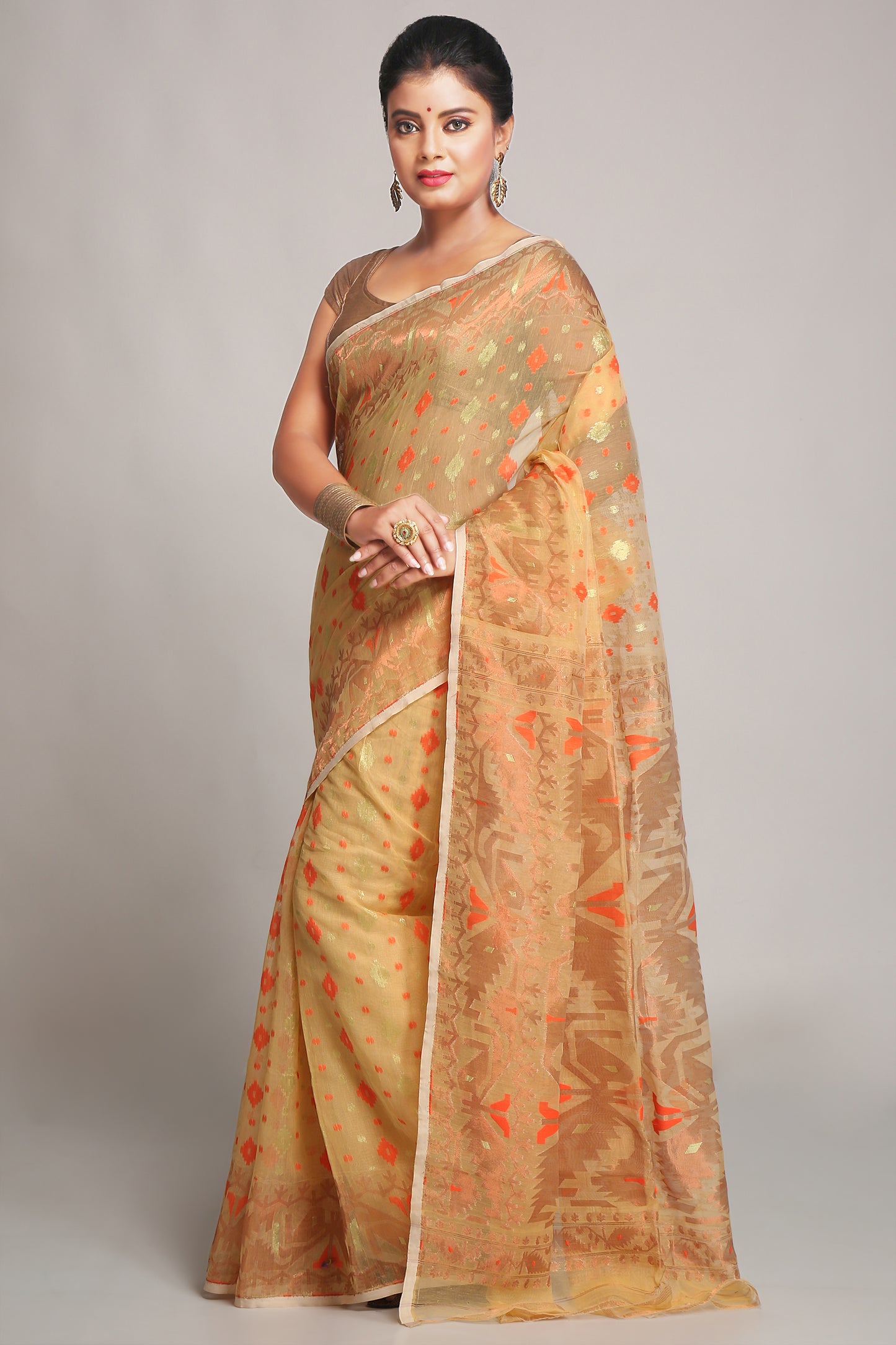 Cotton Silk Softs Dhakai Jamdani Sarees. (Desert & Copper & Orange)