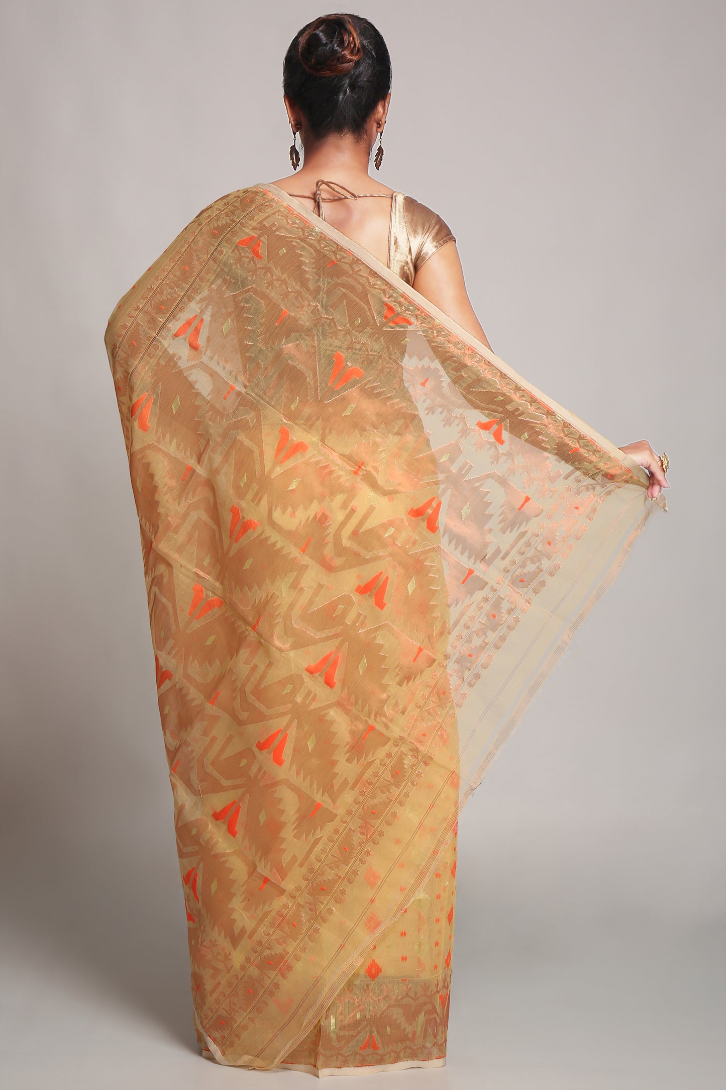 Cotton Silk Softs Dhakai Jamdani Sarees. (Desert & Copper & Orange)