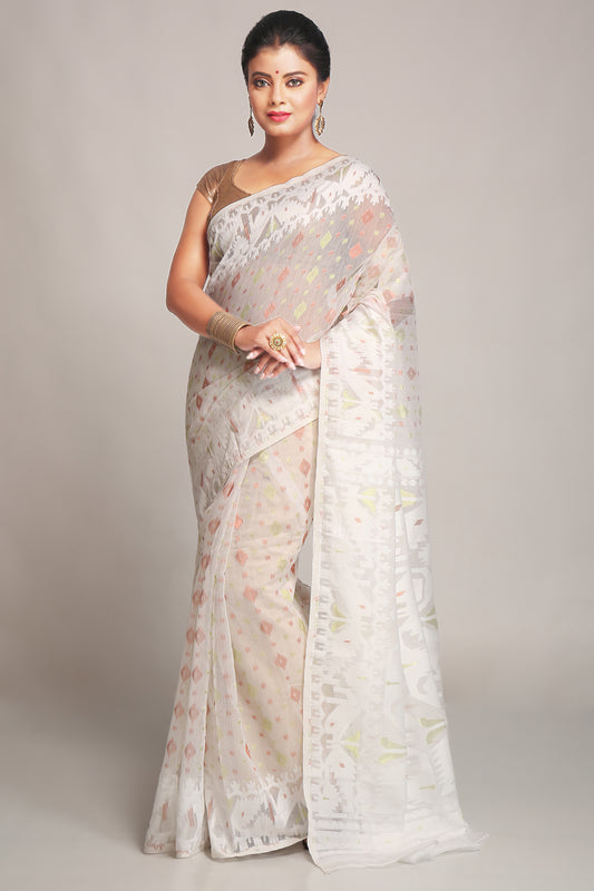 Cotton Silk Softs Dhakai Jamdani Sarees. (White & White)