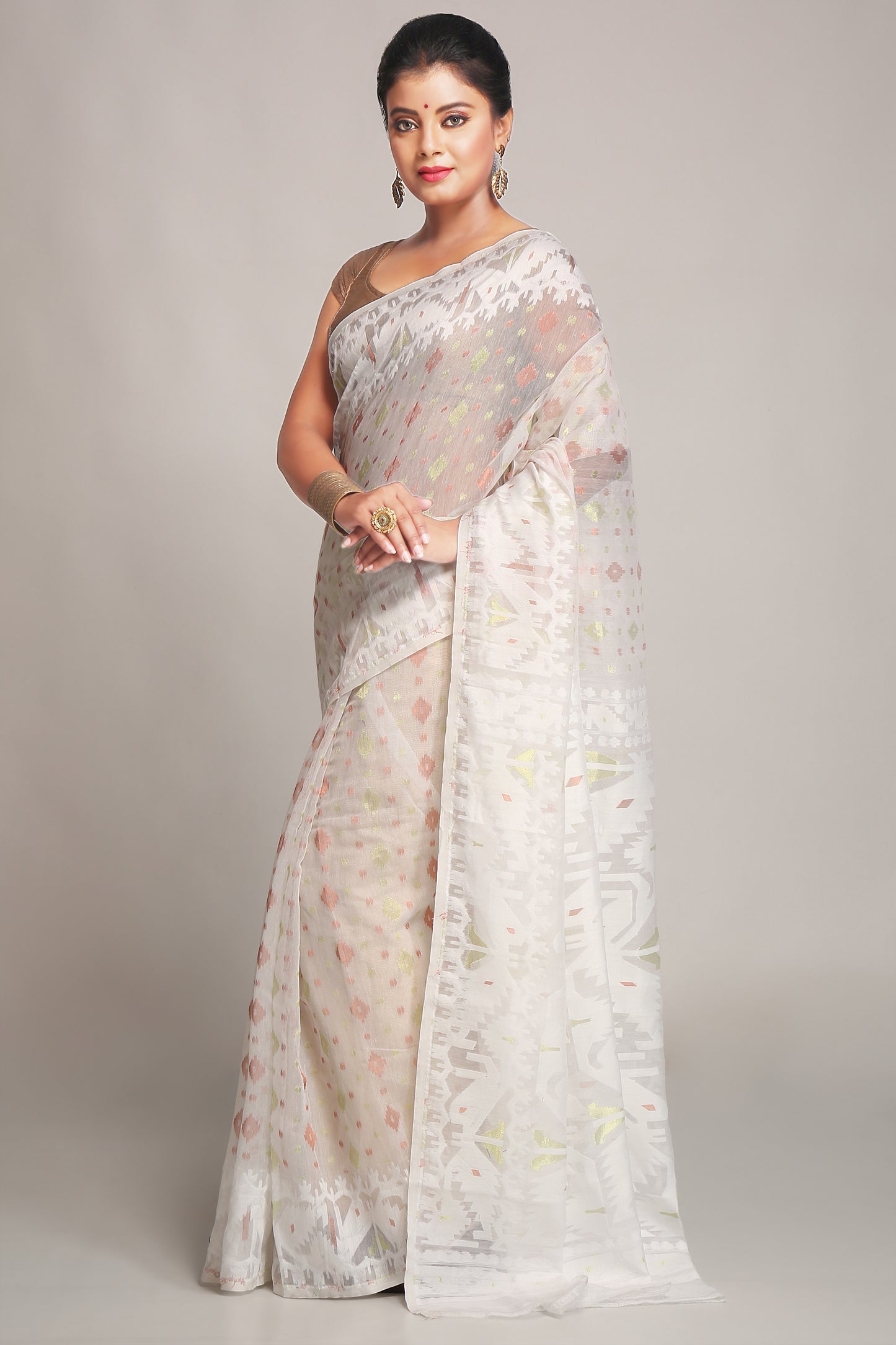 Cotton Silk Softs Dhakai Jamdani Sarees. (White & White)