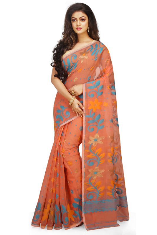 Cotton Silk Flower Dhakai Allover Soft Jamdani Sarees (Orange)