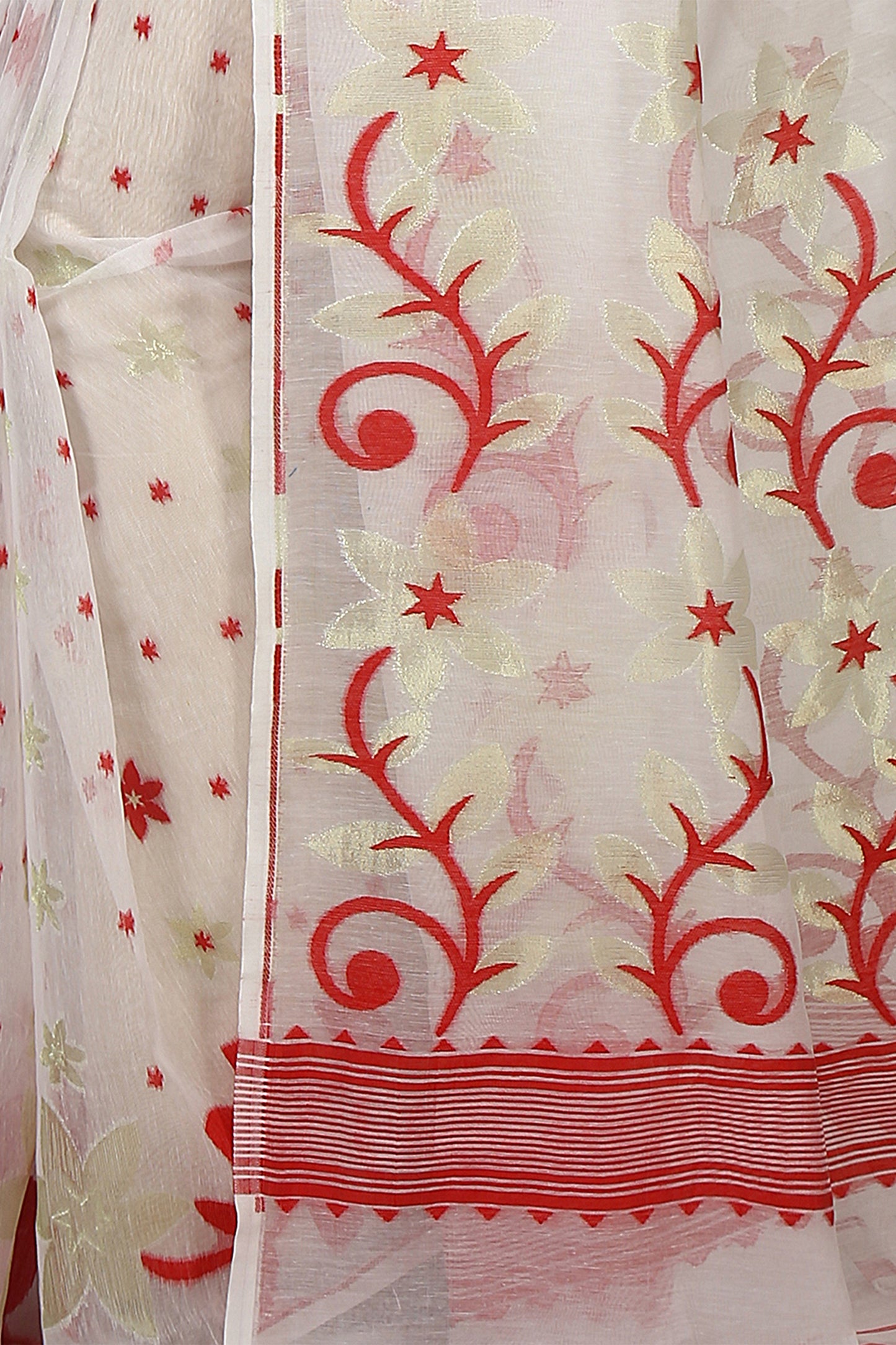 Cotton Silk Flower Dhakai Allover Soft Jamdani Sarees (White & Red)