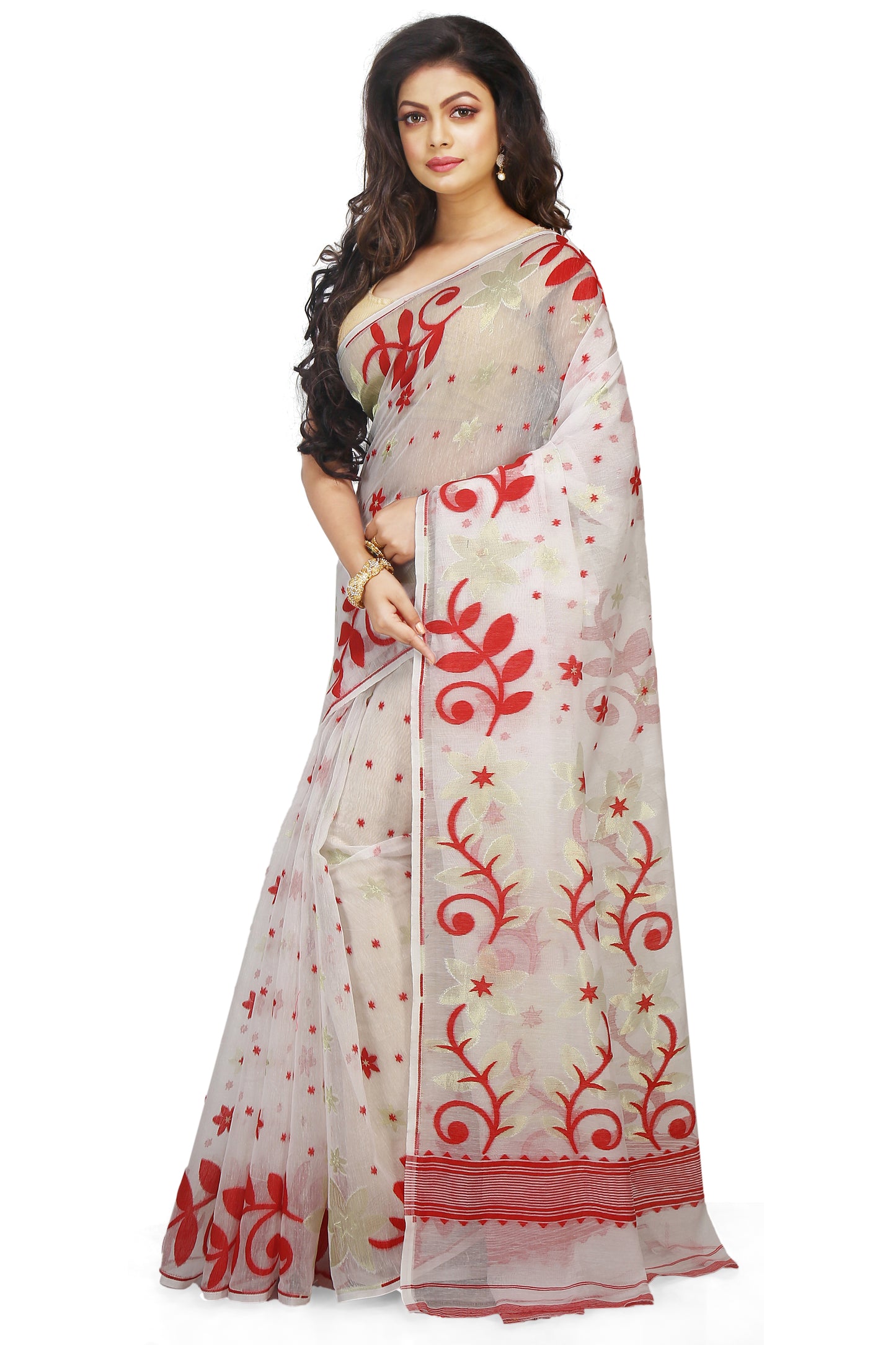 Cotton Silk Flower Dhakai Allover Soft Jamdani Sarees (White & Red)