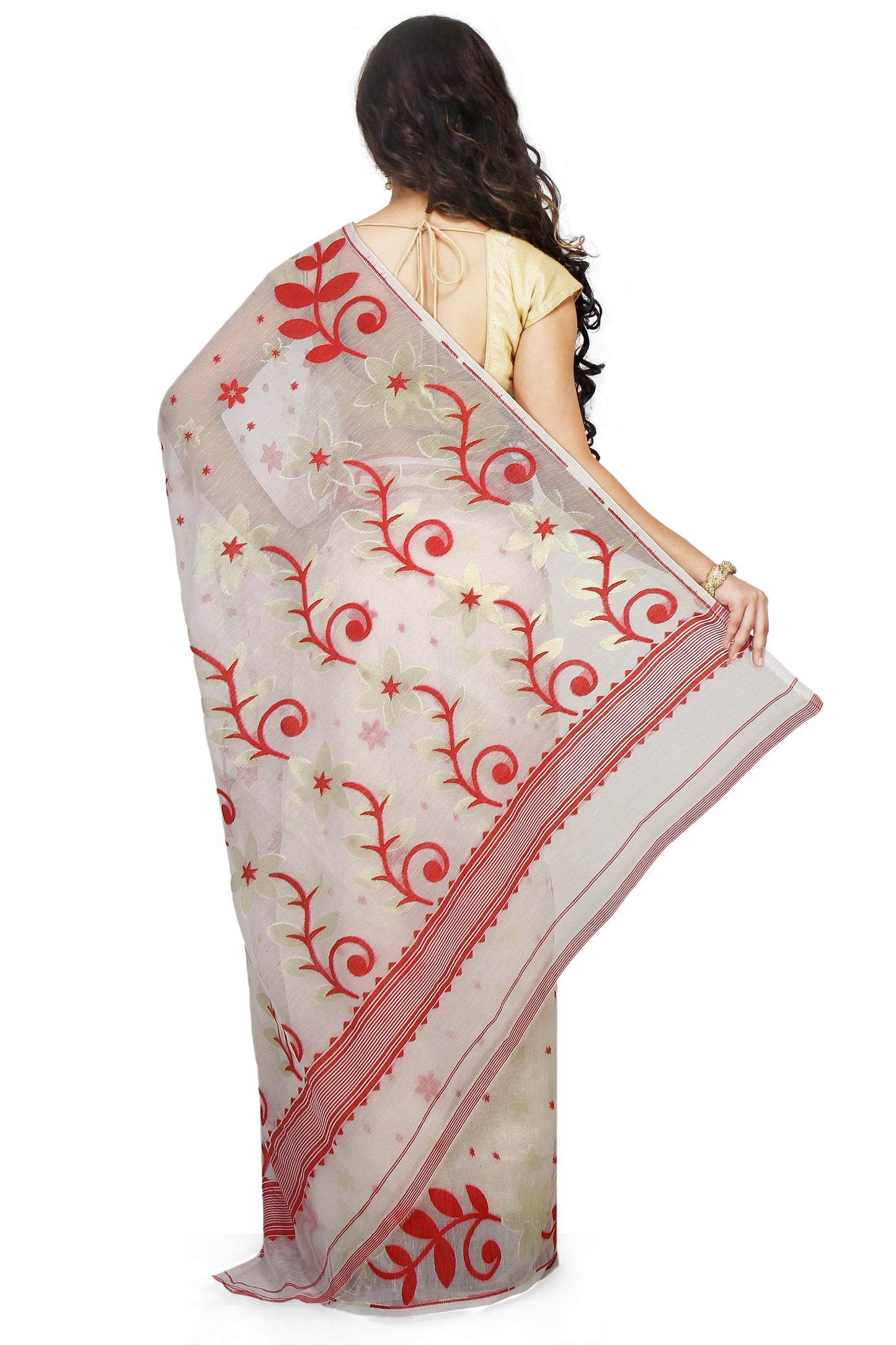 Cotton Silk Flower Dhakai Allover Soft Jamdani Sarees (White & Red)